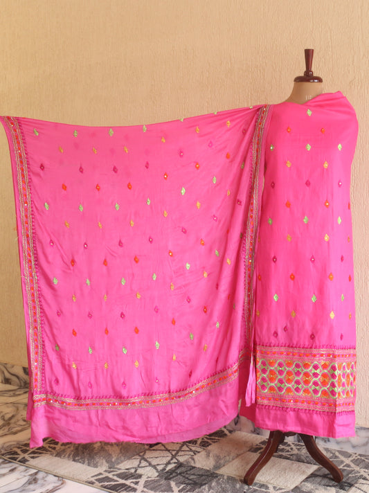 Phulkari Glaze Cotton Unstitched Suit Set with Chinon Dupatta Hand Embroidered-NS270