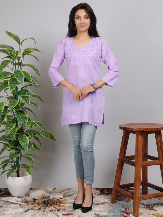 Chikankari Mul Cotton Short Kurti Top Hand Embroidered-NS1