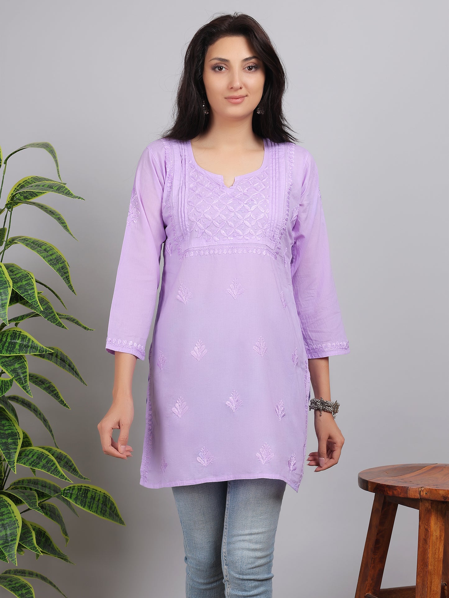 Chikankari Mul Cotton Short Kurti Top Hand Embroidered-NS1