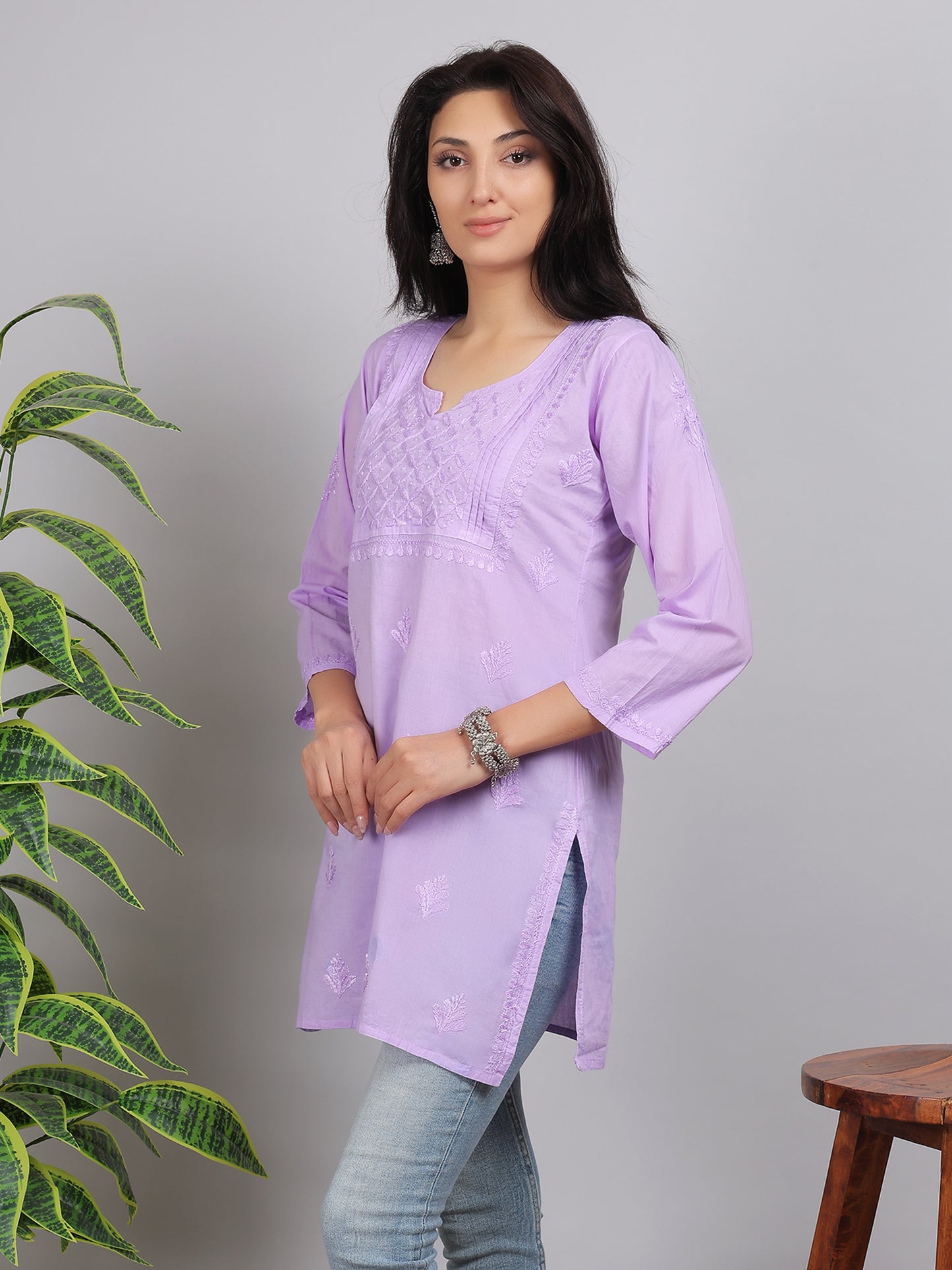 Chikankari Mul Cotton Short Kurti Top Hand Embroidered-NS1