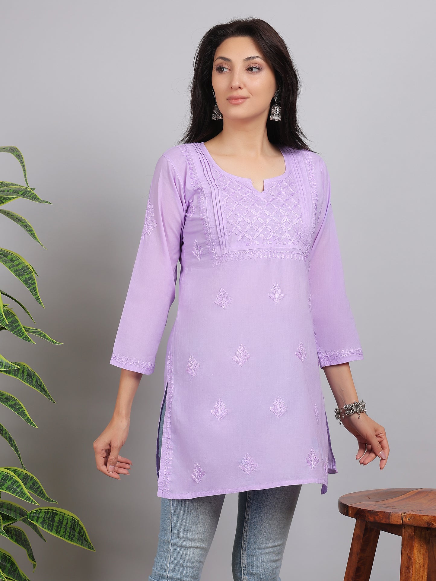 Chikankari Mul Cotton Short Kurti Top Hand Embroidered-NS1