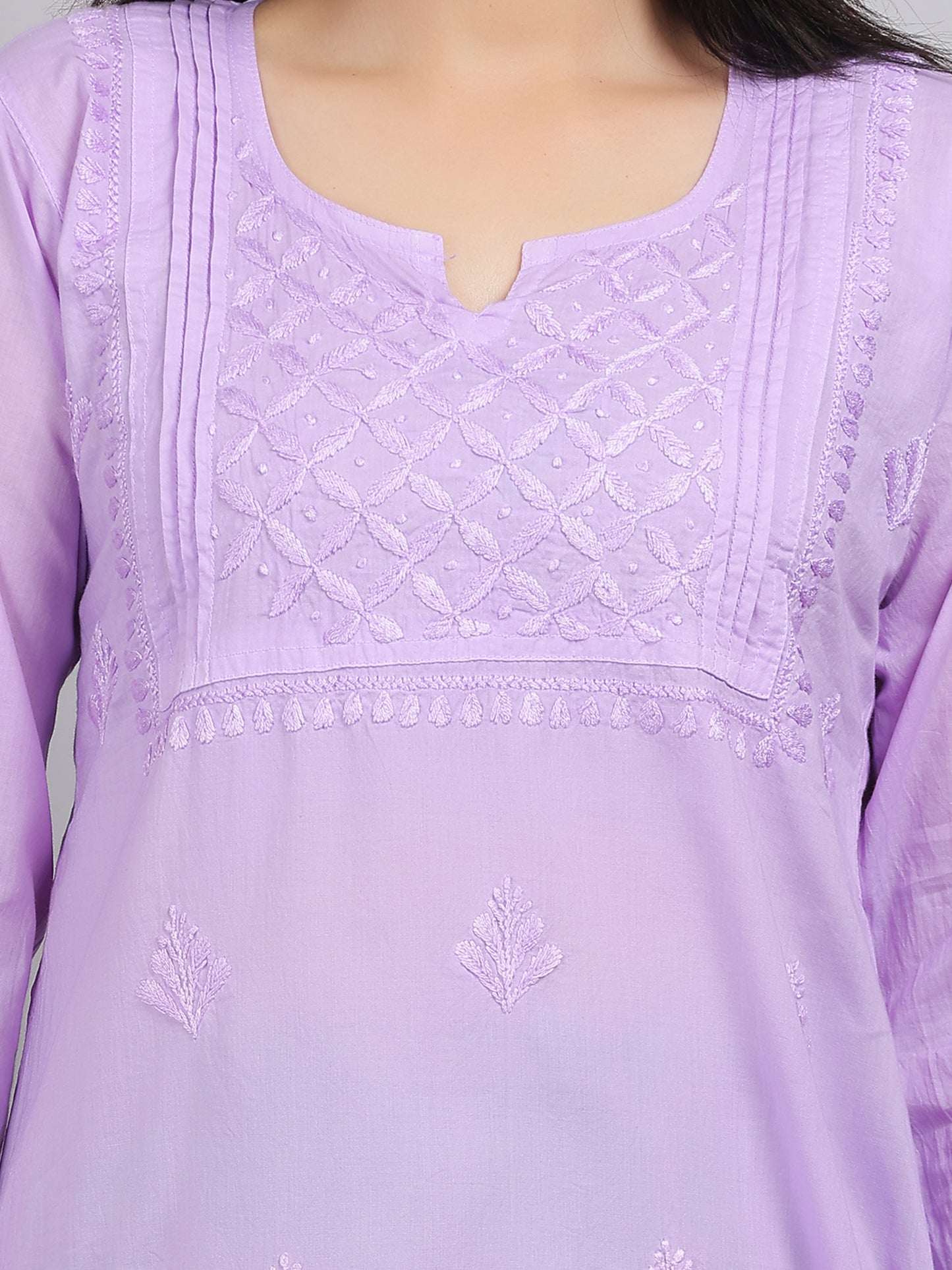 Chikankari Mul Cotton Short Kurti Top Hand Embroidered-NS1