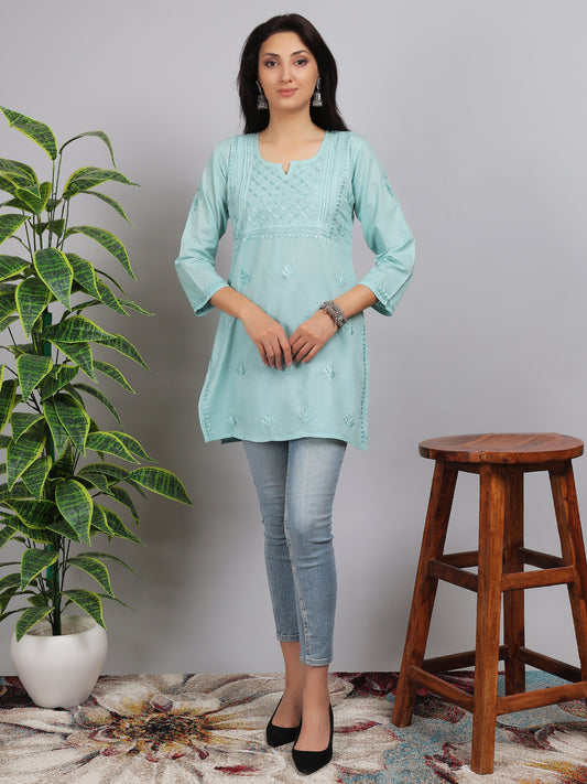 Chikankari Mul Cotton Short Kurti Top Hand Embroidered-NS2