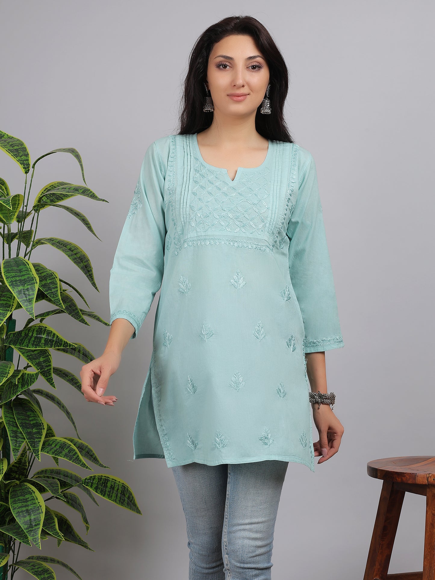 Chikankari Mul Cotton Short Kurti Top Hand Embroidered-NS2