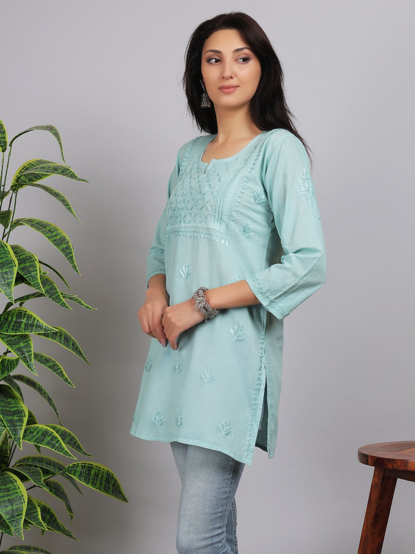 Chikankari Mul Cotton Short Kurti Top Hand Embroidered-NS2