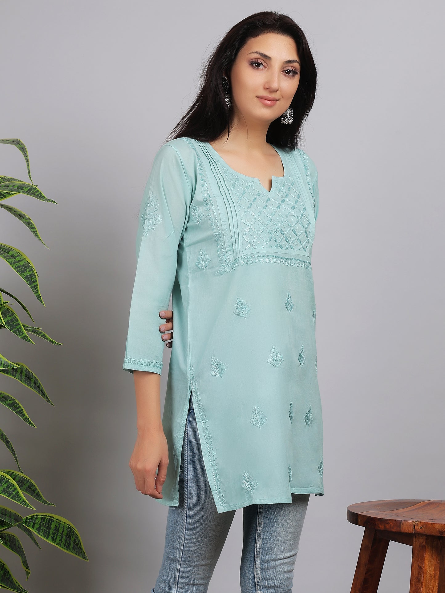 Chikankari Mul Cotton Short Kurti Top Hand Embroidered-NS2