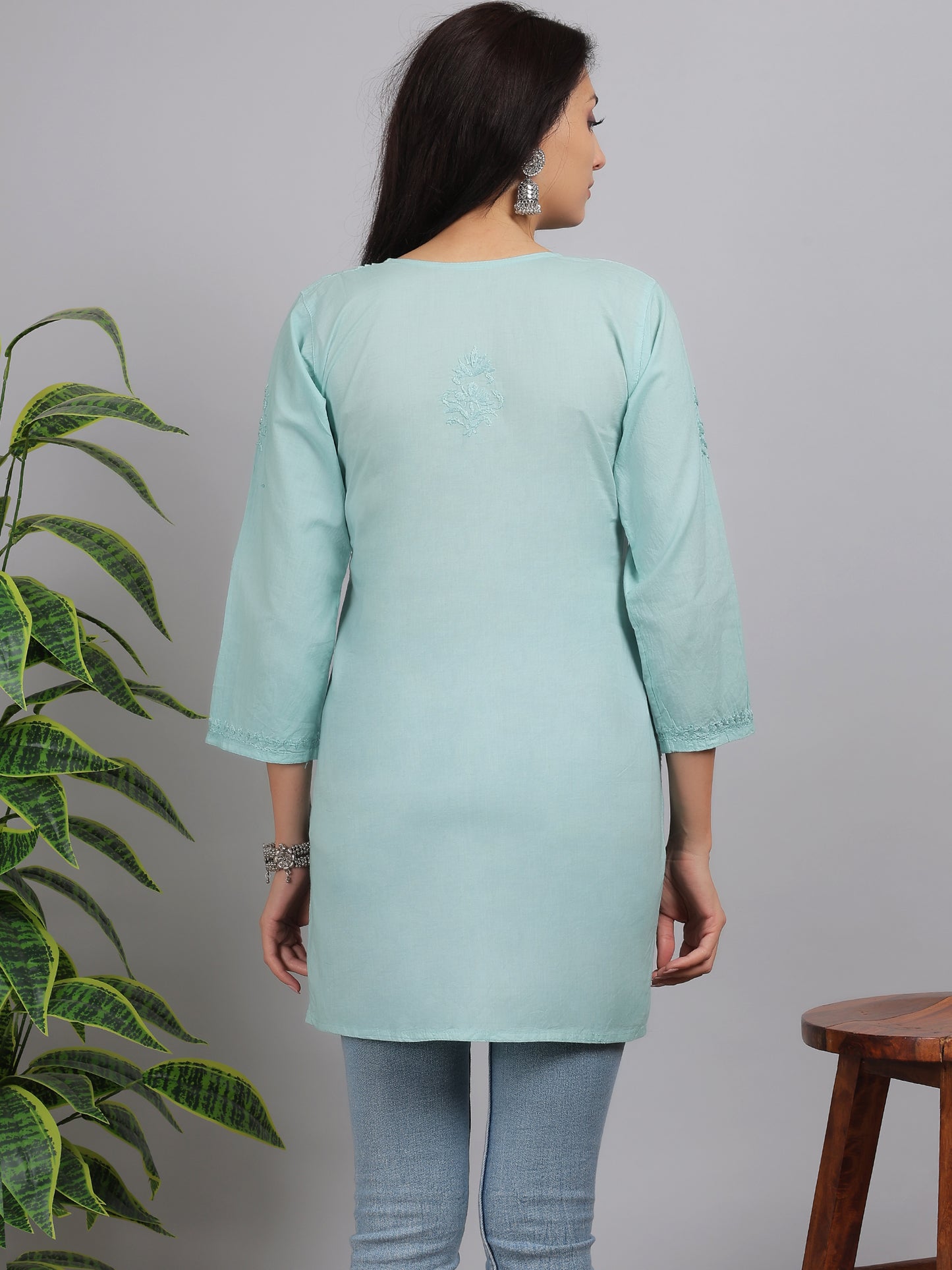 Chikankari Mul Cotton Short Kurti Top Hand Embroidered-NS2