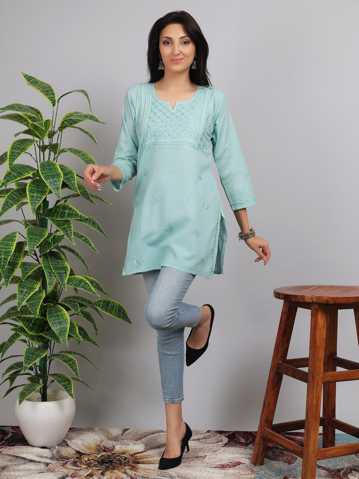 Chikankari Mul Cotton Short Kurti Top Hand Embroidered-NS2