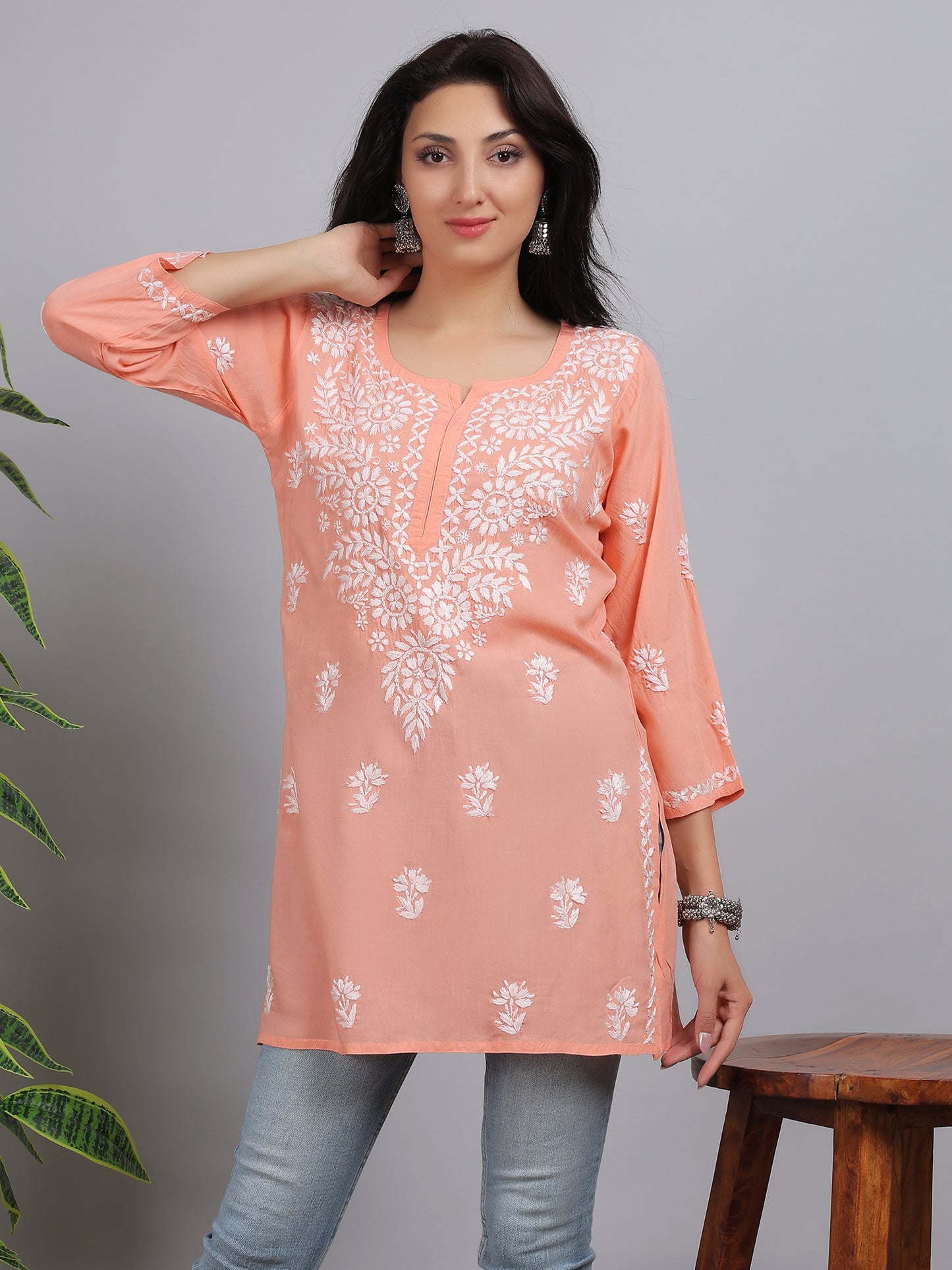 Chikankari Modal Short Kurti Top Hand Embroidered-NS3