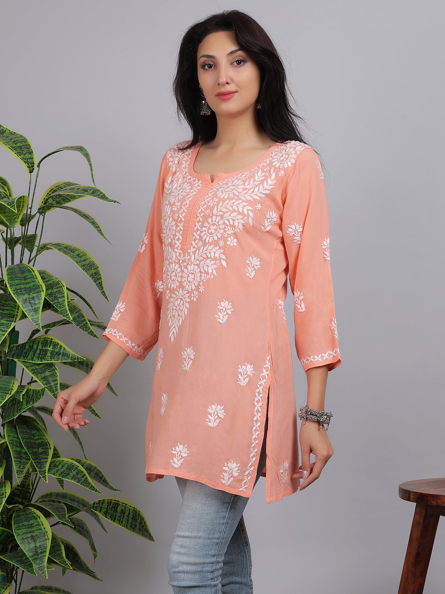 Chikankari Modal Short Kurti Top Hand Embroidered-NS3