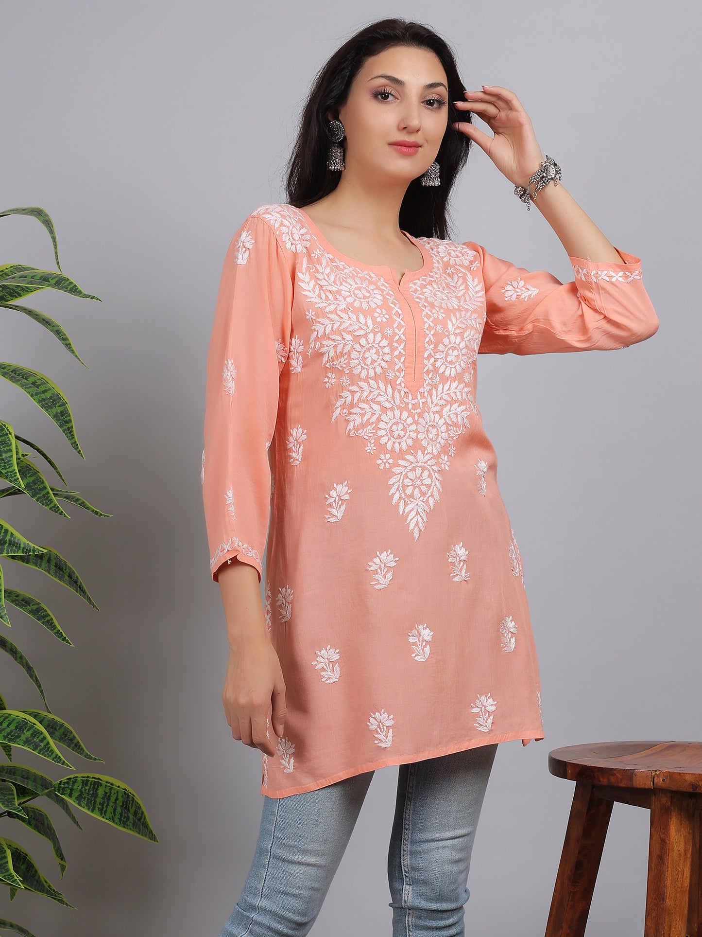 Chikankari Modal Short Kurti Top Hand Embroidered-NS3