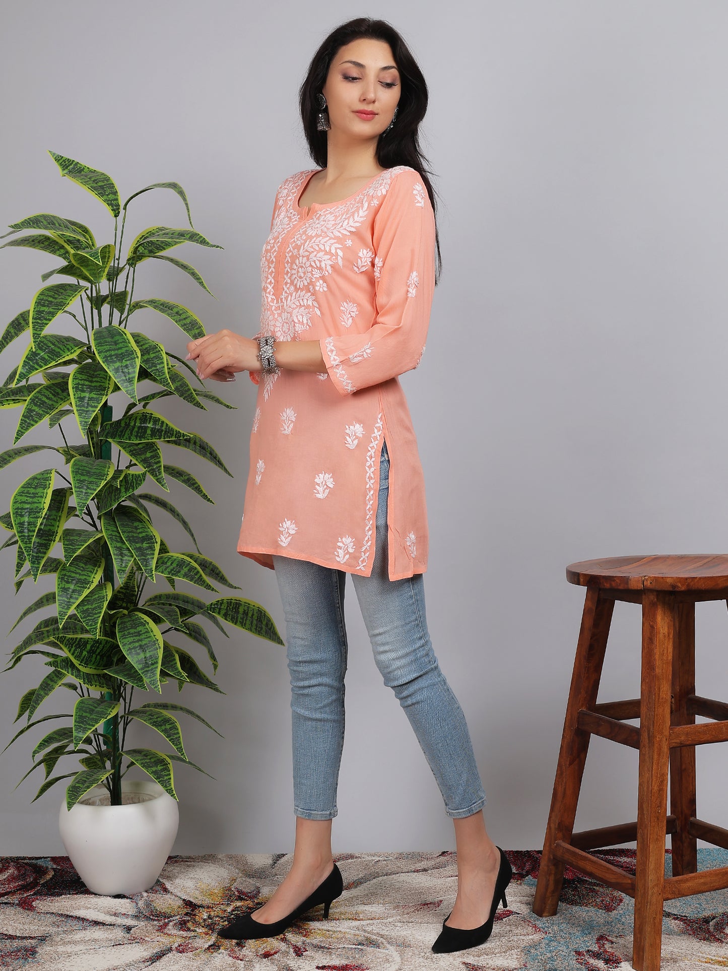 Chikankari Modal Short Kurti Top Hand Embroidered-NS3