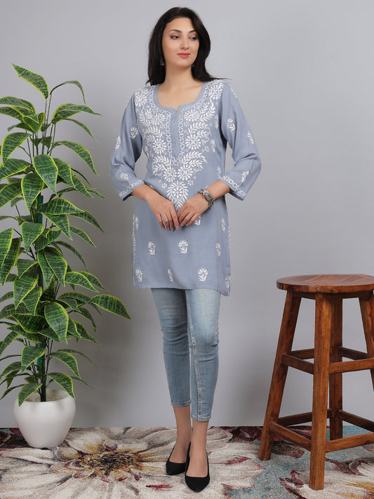 Chikankari Modal Short Kurti Top Hand Embroidered-NS4