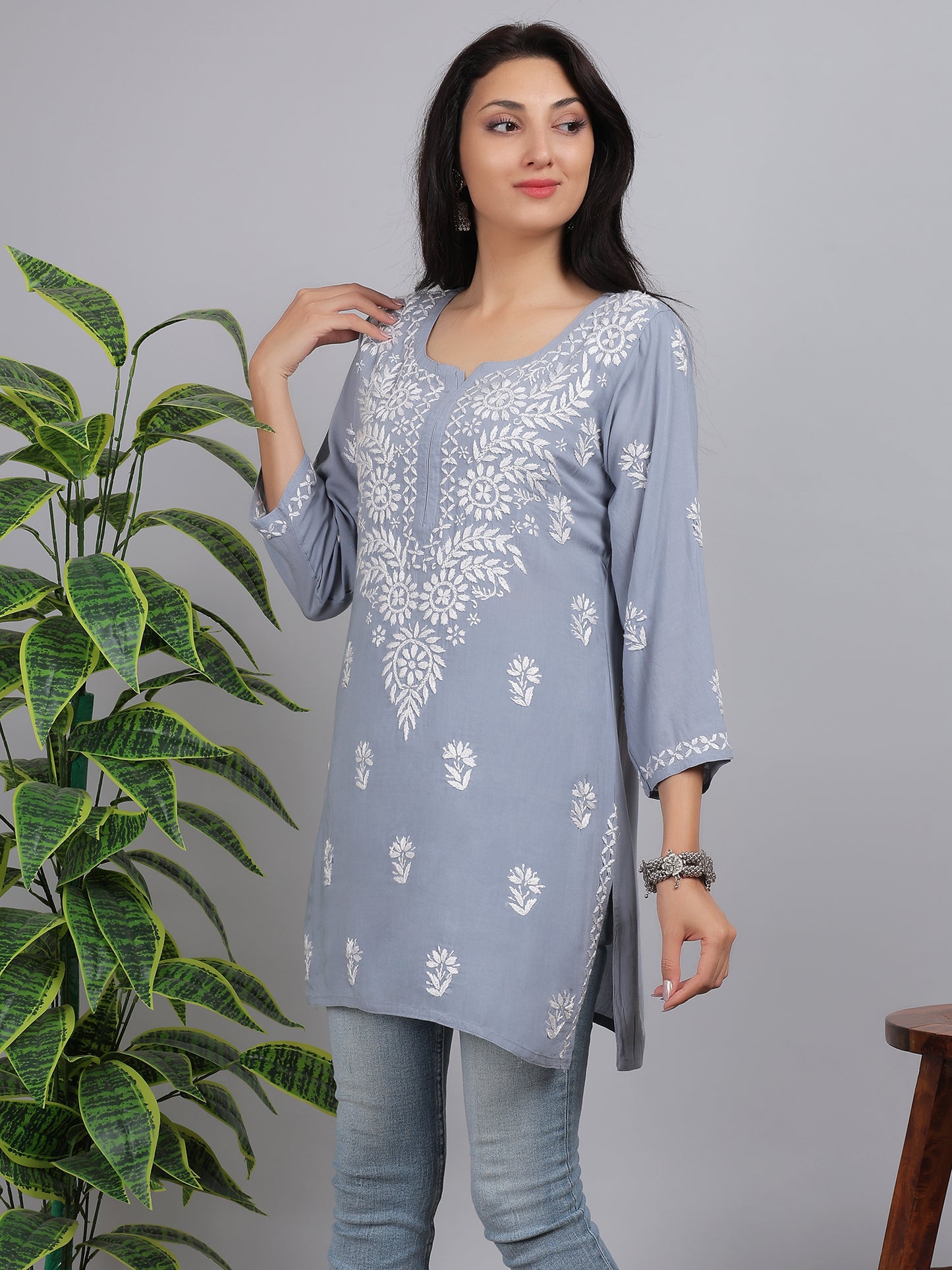 Chikankari Modal Short Kurti Top Hand Embroidered-NS4