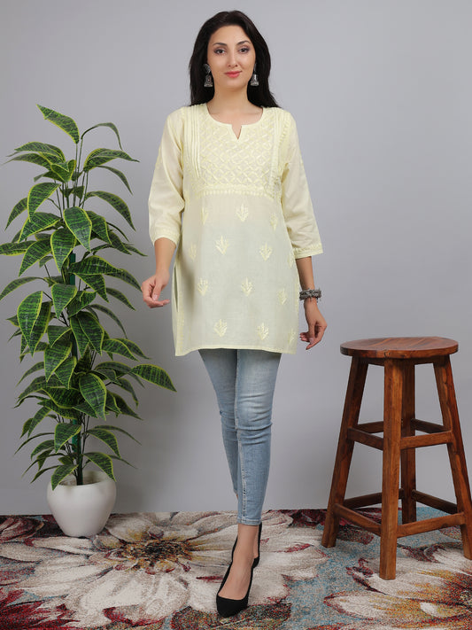 Chikankari Mul Cotton Short Kurti Top Hand Embroidered-NS5