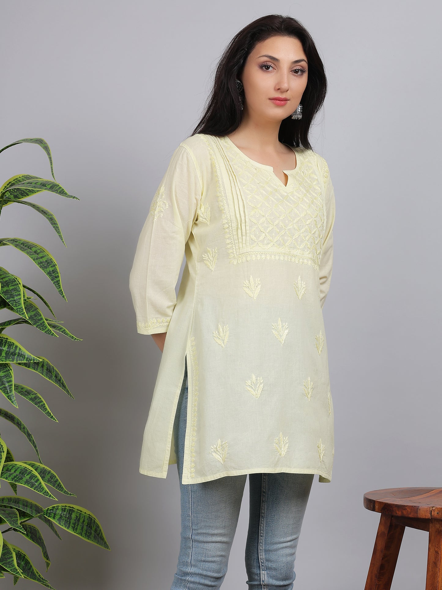 Chikankari Mul Cotton Short Kurti Top Hand Embroidered-NS5