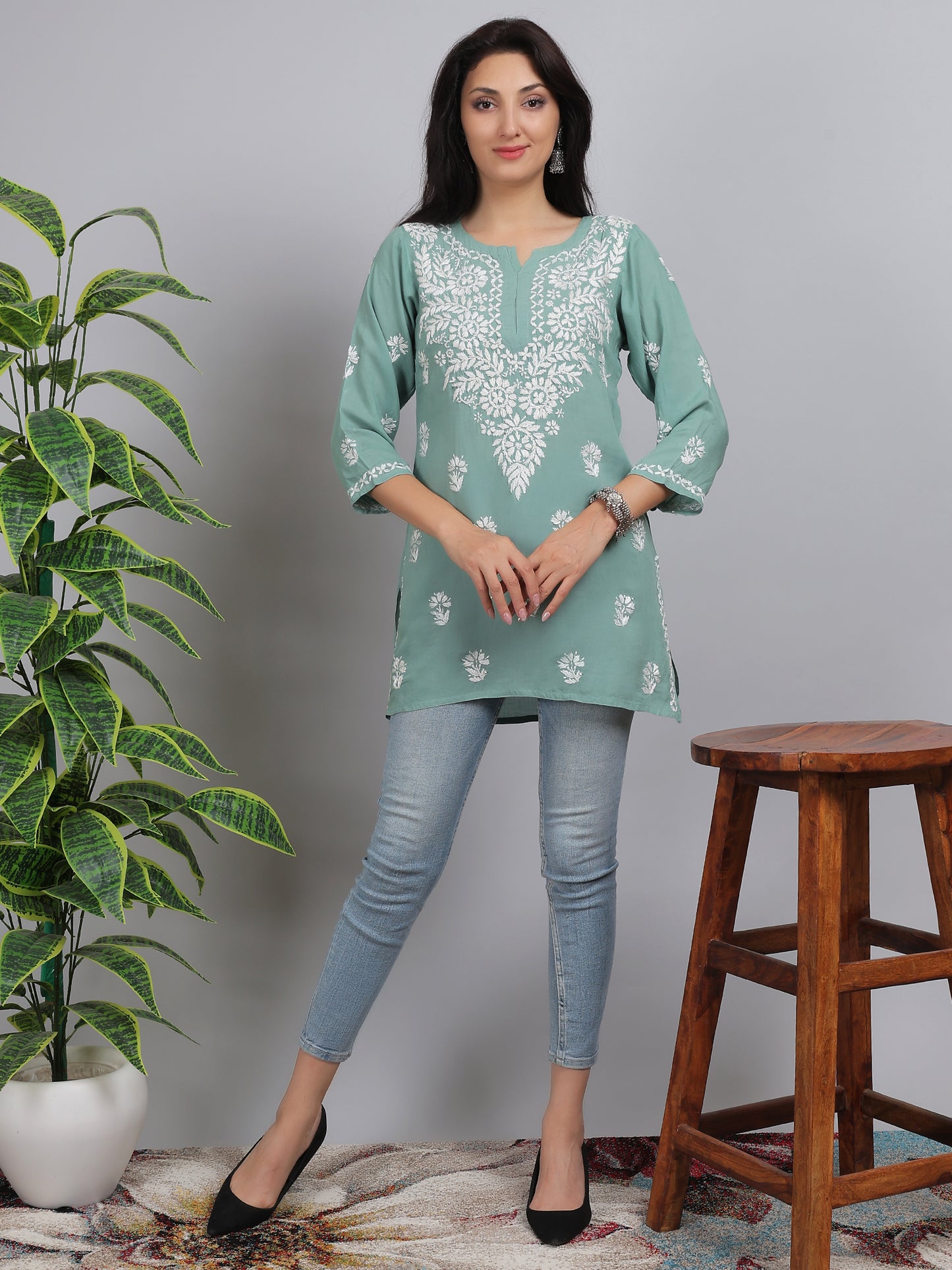 Chikankari Modal Short Kurti Top Hand Embroidered-NS6