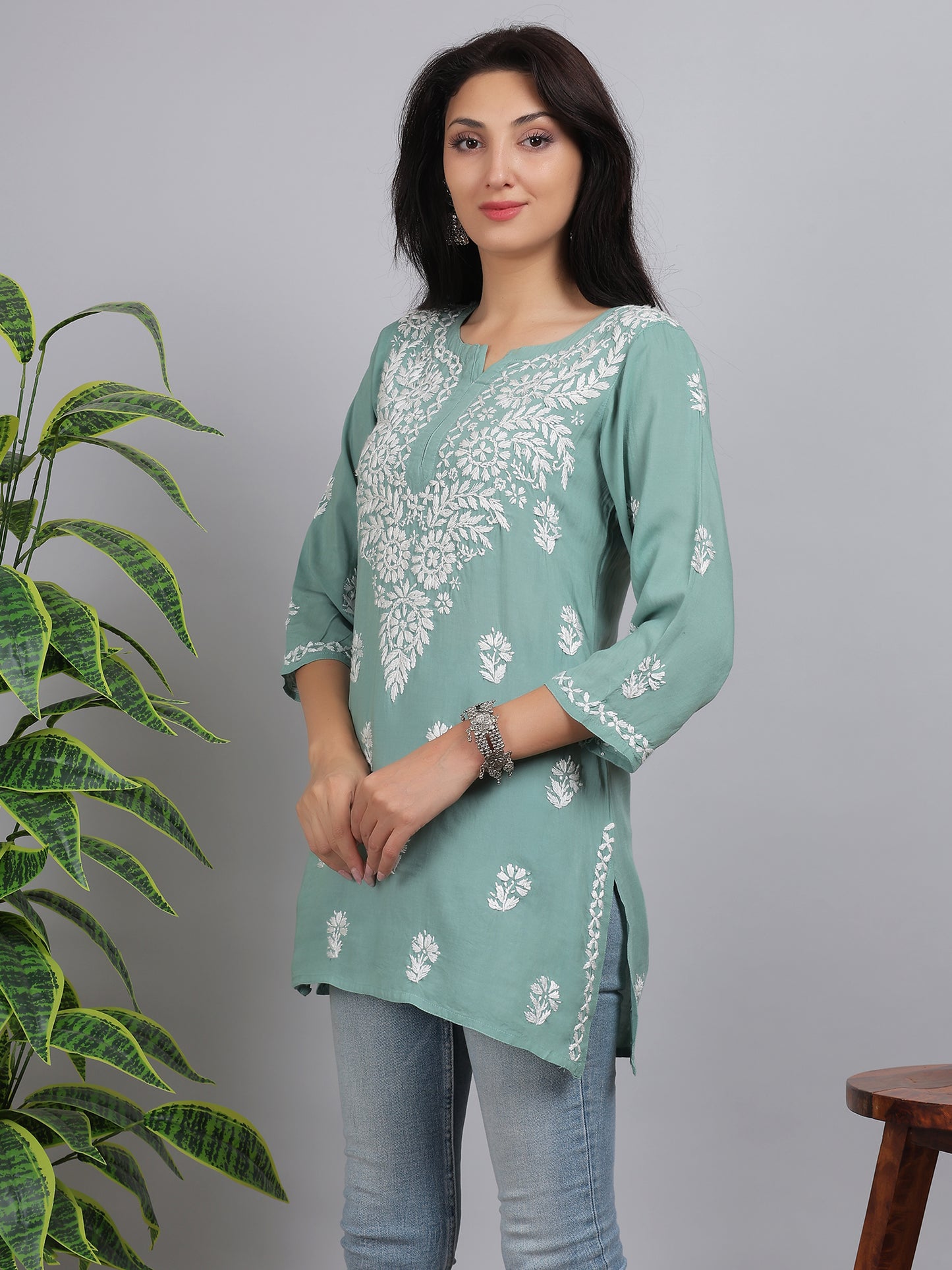 Chikankari Modal Short Kurti Top Hand Embroidered-NS6