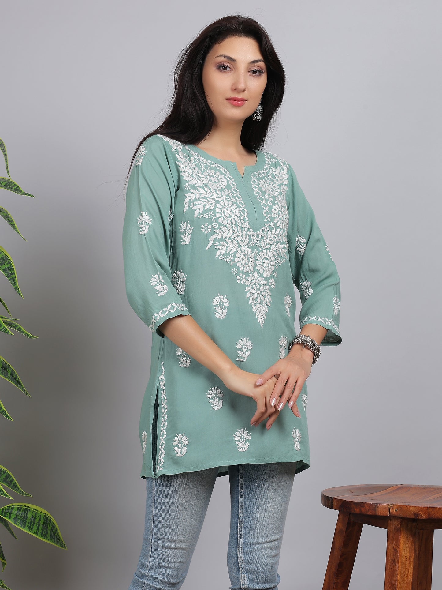 Chikankari Modal Short Kurti Top Hand Embroidered-NS6