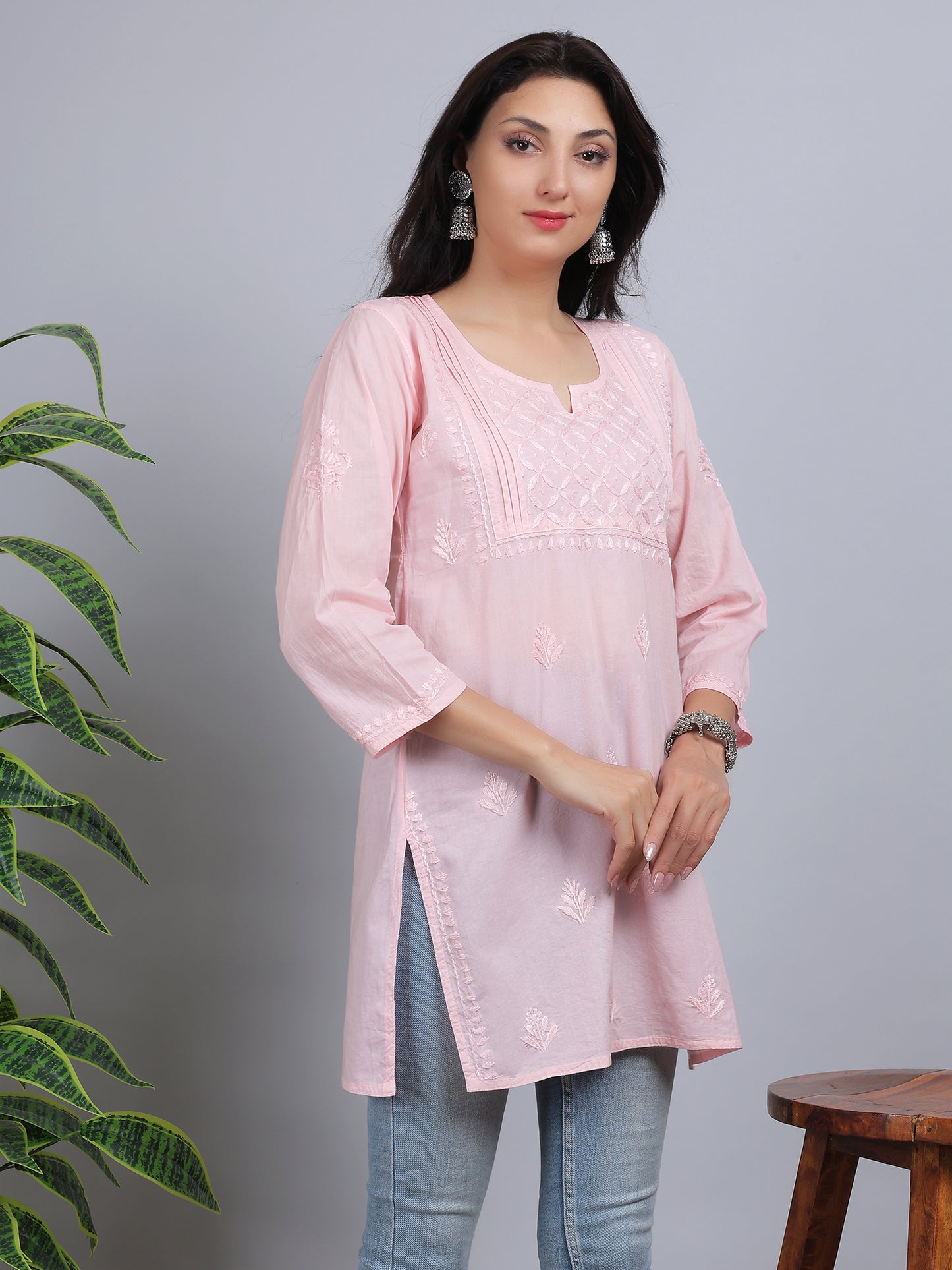 Chikankari Mul Cotton Short Kurti Top Hand Embroidered-NS7