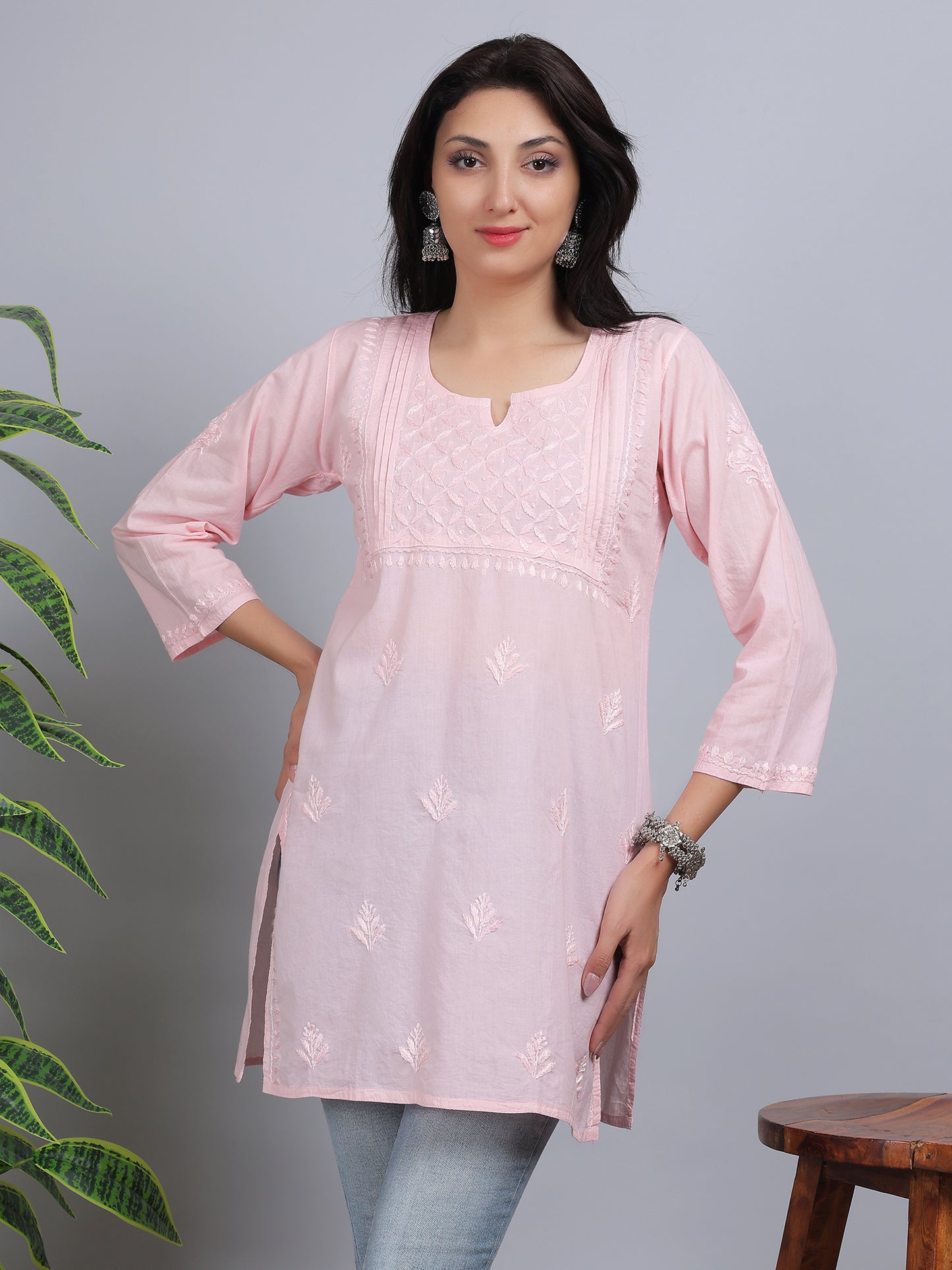 Chikankari Mul Cotton Short Kurti Top Hand Embroidered-NS7