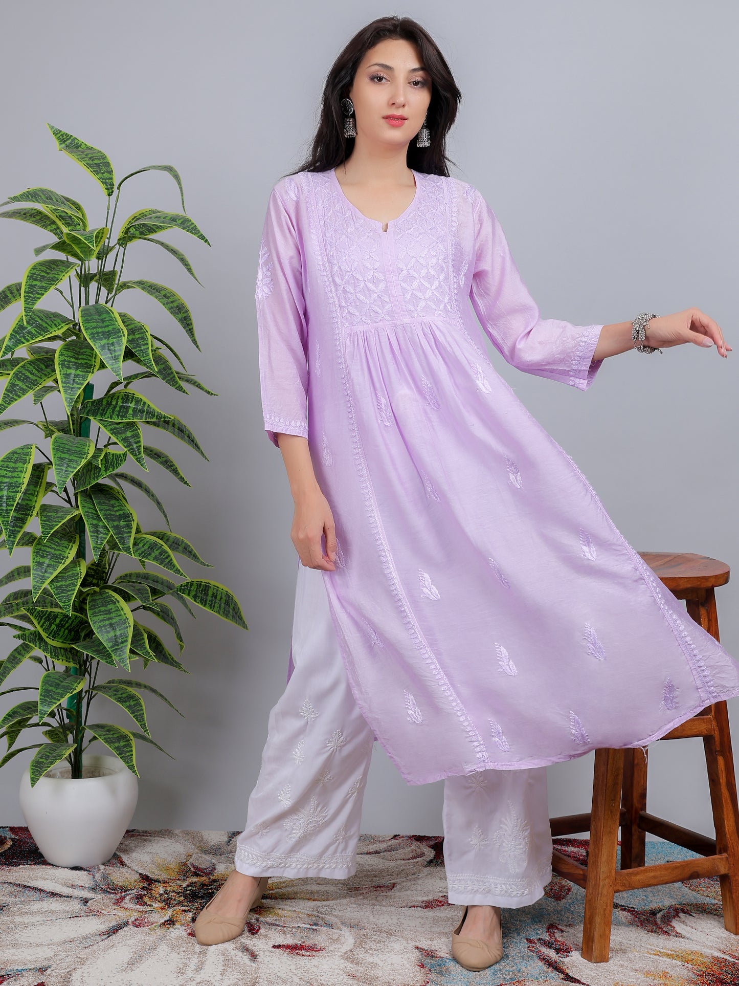 Chikankari Chanderi Silk Nyra Cut Kurti Dress Hand Embroidered-NS8