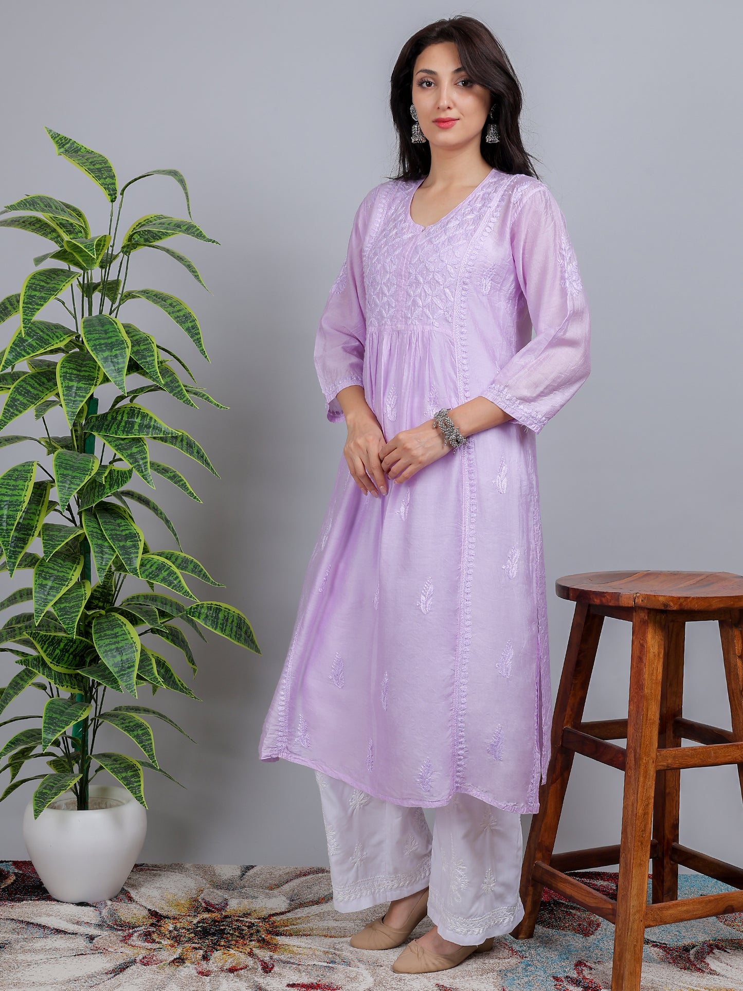 Chikankari Chanderi Silk Nyra Cut Kurti Dress Hand Embroidered-NS8