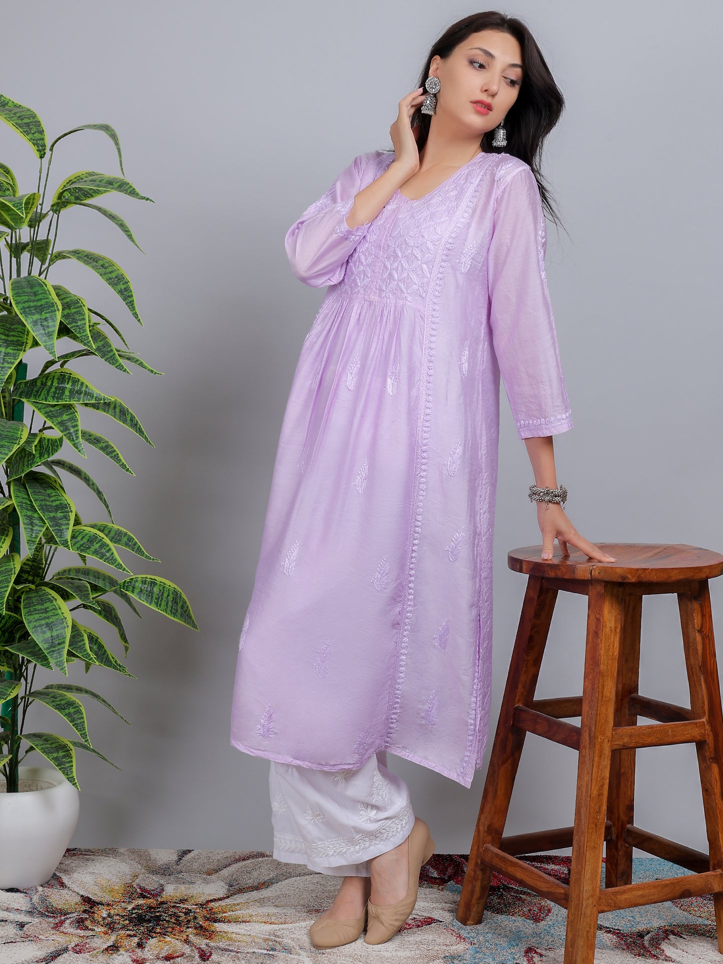 Chikankari Chanderi Silk Nyra Cut Kurti Dress Hand Embroidered-NS8