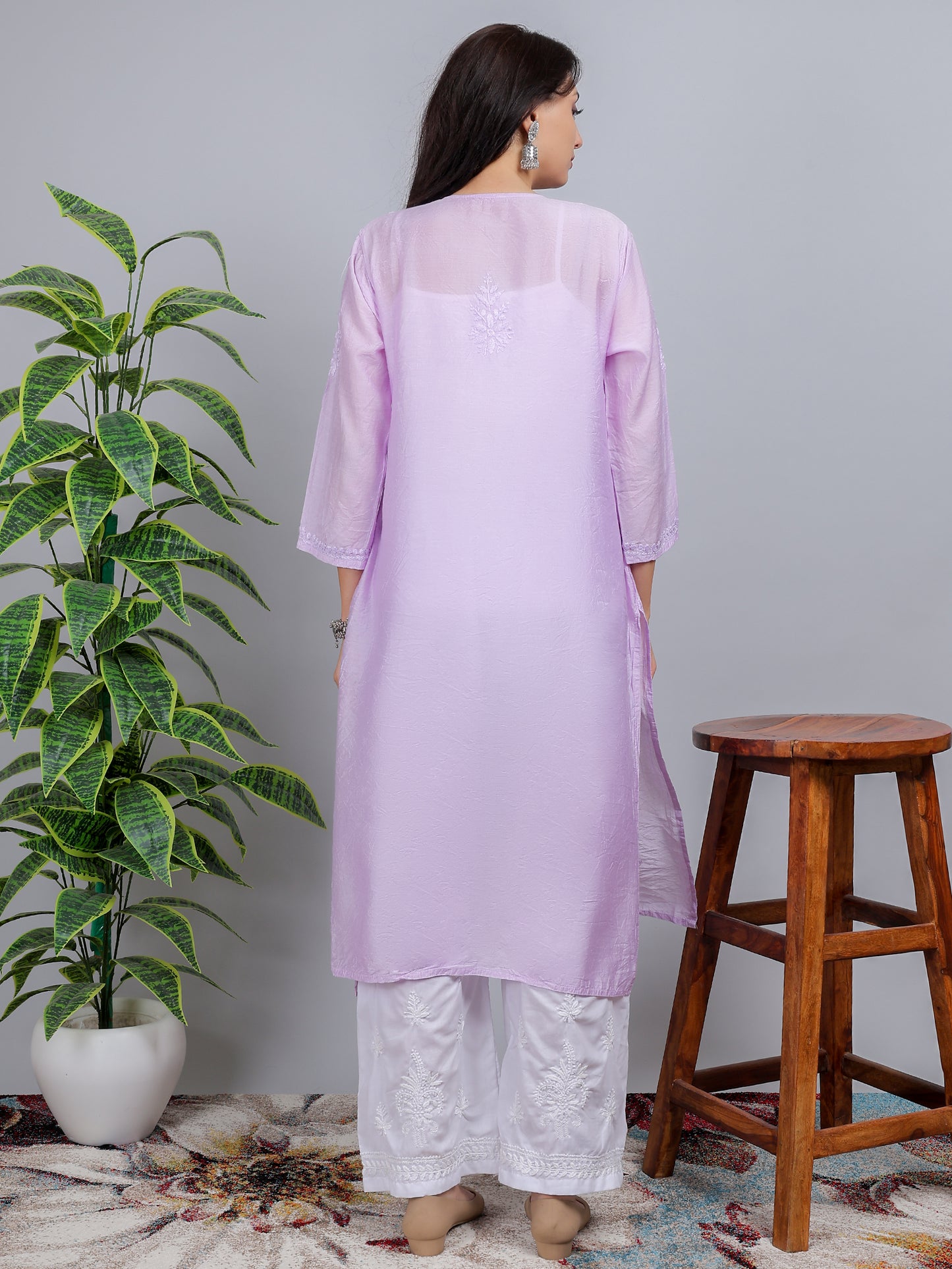 Chikankari Chanderi Silk Nyra Cut Kurti Dress Hand Embroidered-NS8