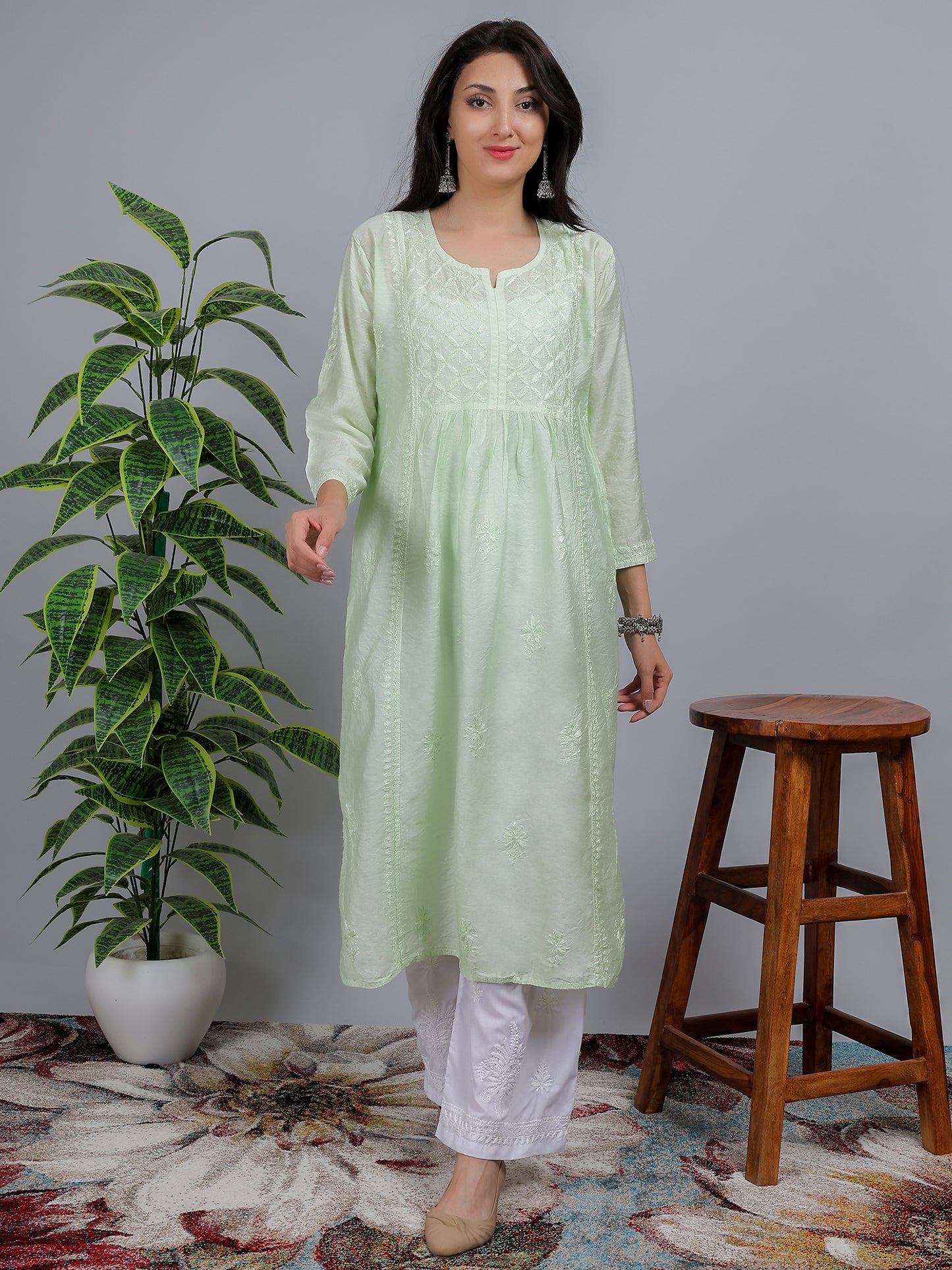 Chikankari Chanderi Silk Nyra Cut Kurti Dress Hand Embroidered-NS9