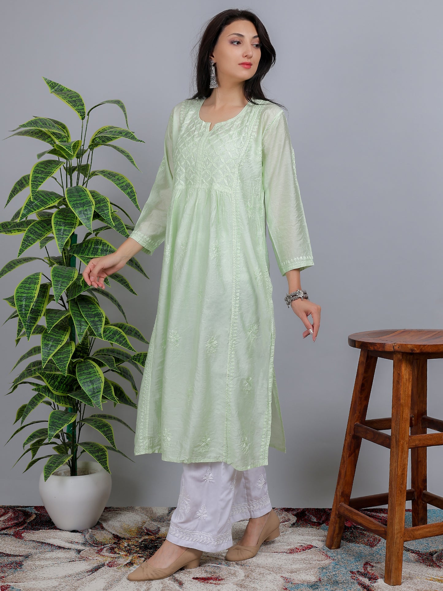 Chikankari Chanderi Silk Nyra Cut Kurti Dress Hand Embroidered-NS9