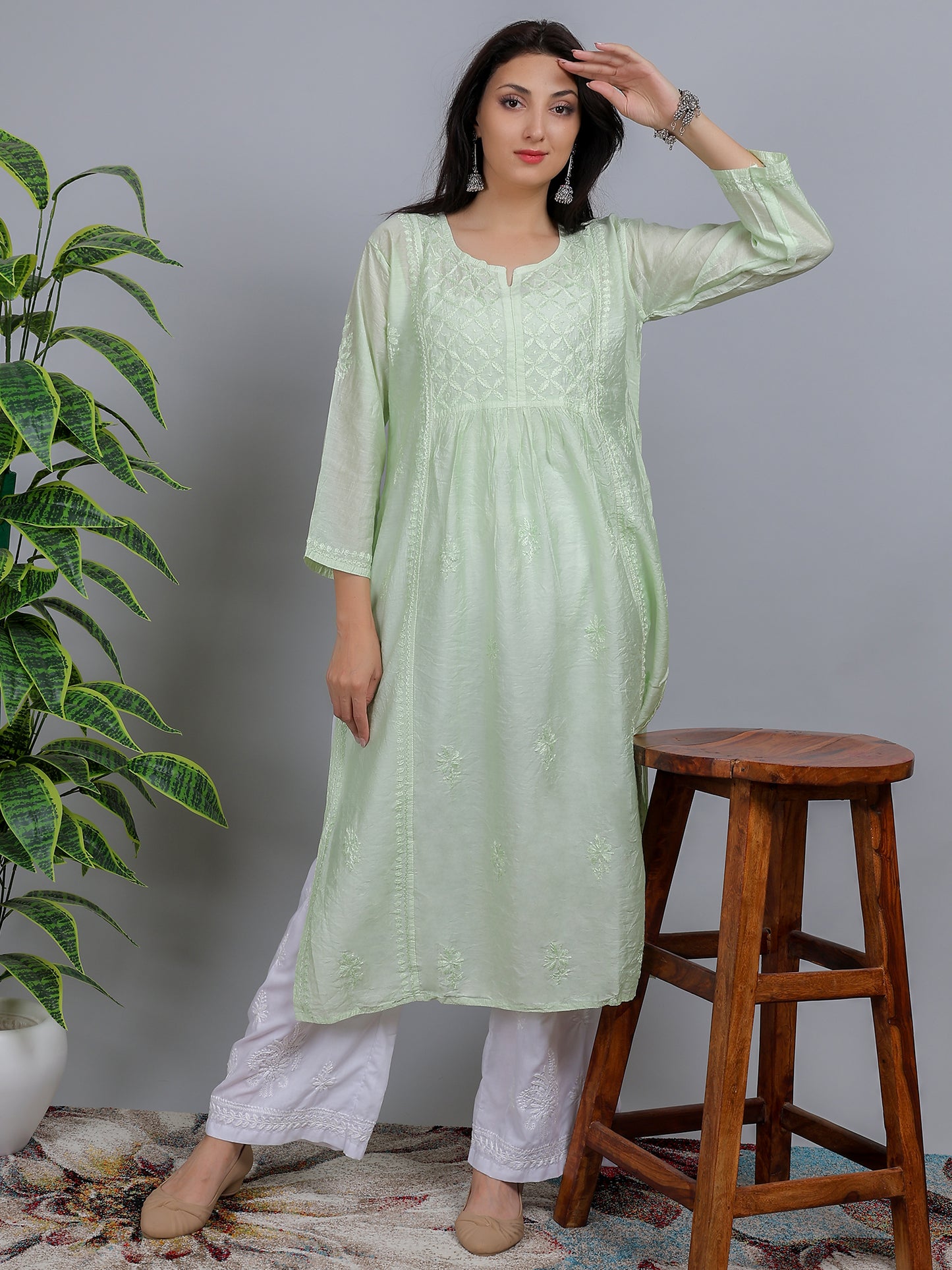 Chikankari Chanderi Silk Nyra Cut Kurti Dress Hand Embroidered-NS9