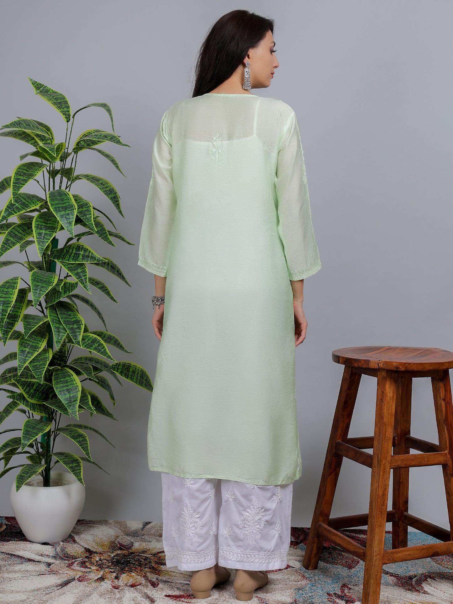 Chikankari Chanderi Silk Nyra Cut Kurti Dress Hand Embroidered-NS9