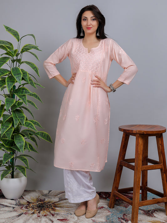 Chikankari Chanderi Silk Nyra Cut Kurti Dress Hand Embroidered-NS10