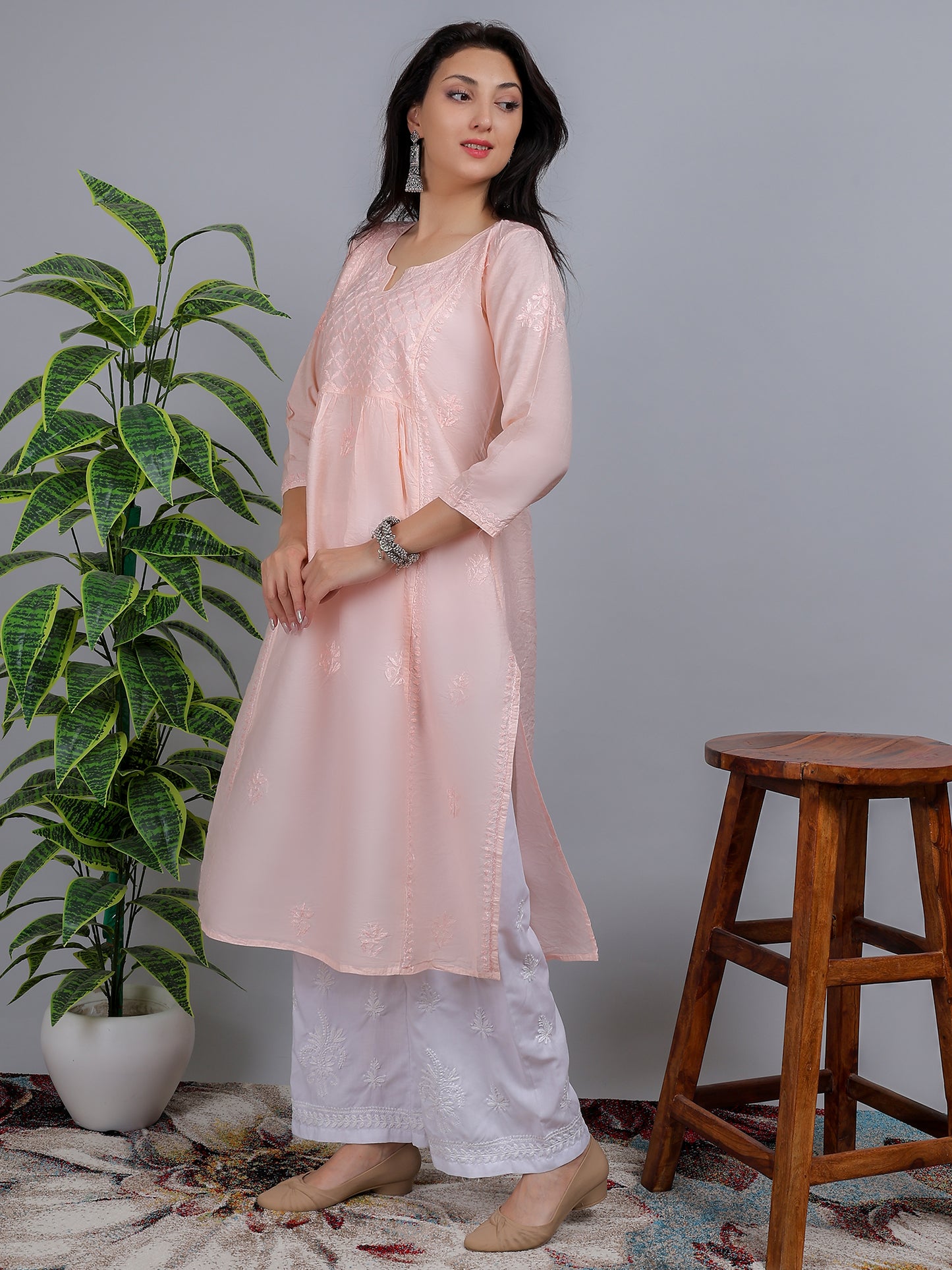 Chikankari Chanderi Silk Nyra Cut Kurti Dress Hand Embroidered-NS10