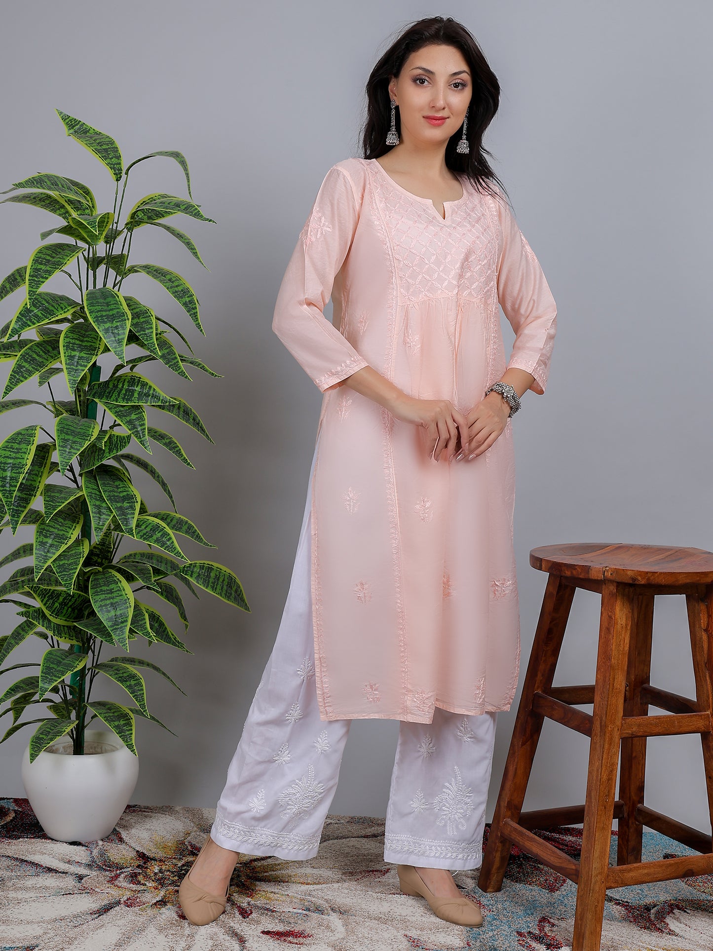 Chikankari Chanderi Silk Nyra Cut Kurti Dress Hand Embroidered-NS10