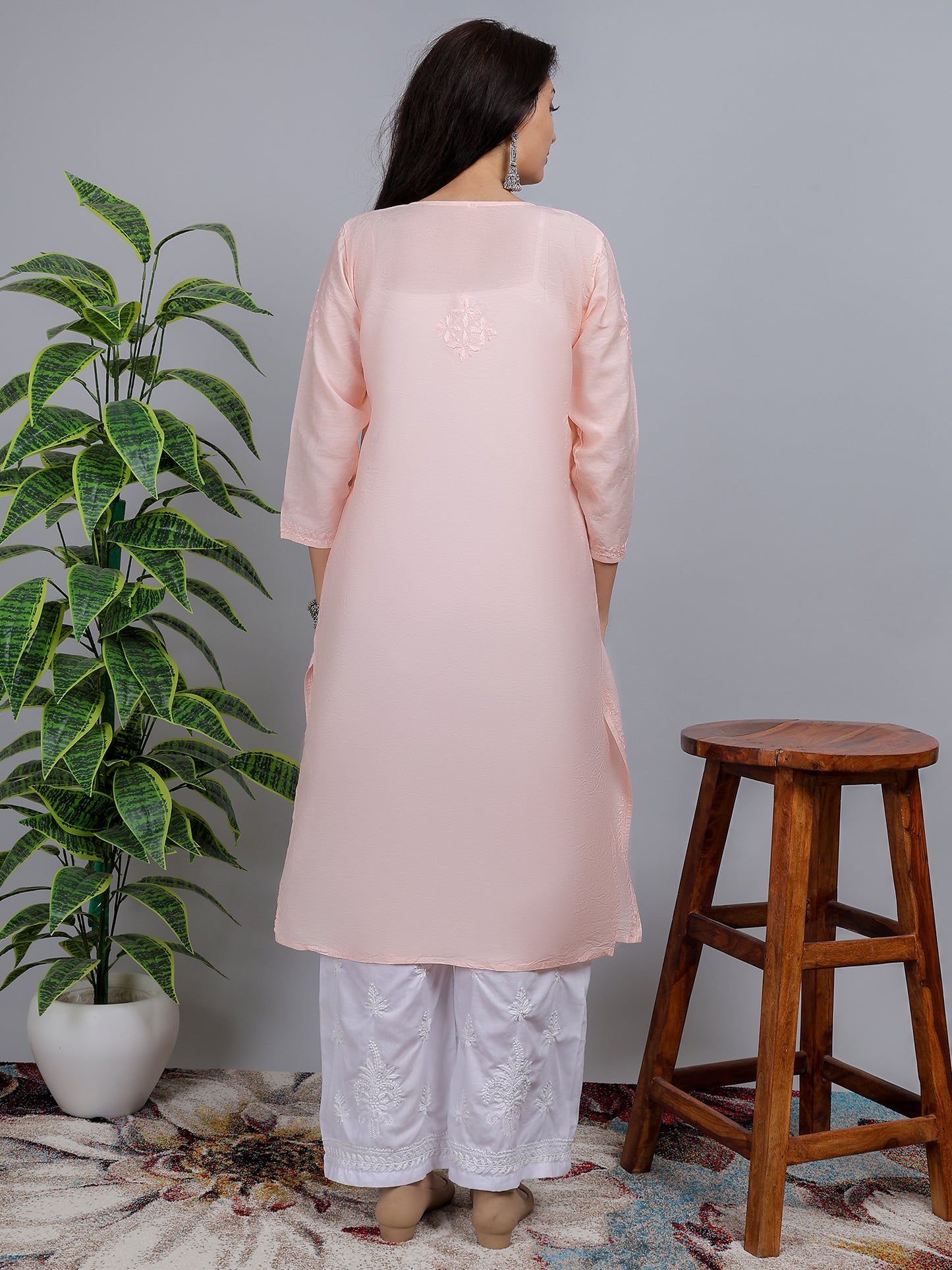 Chikankari Chanderi Silk Nyra Cut Kurti Dress Hand Embroidered-NS10