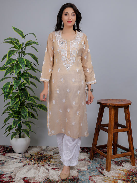 Chikankari Tissue Silk Cut Dana Work Kurti Dress Hand Embroidered-NS11