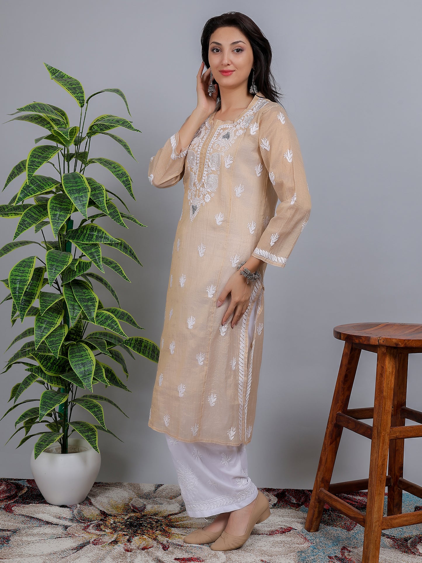 Chikankari Tissue Silk Cut Dana Work Kurti Dress Hand Embroidered-NS11