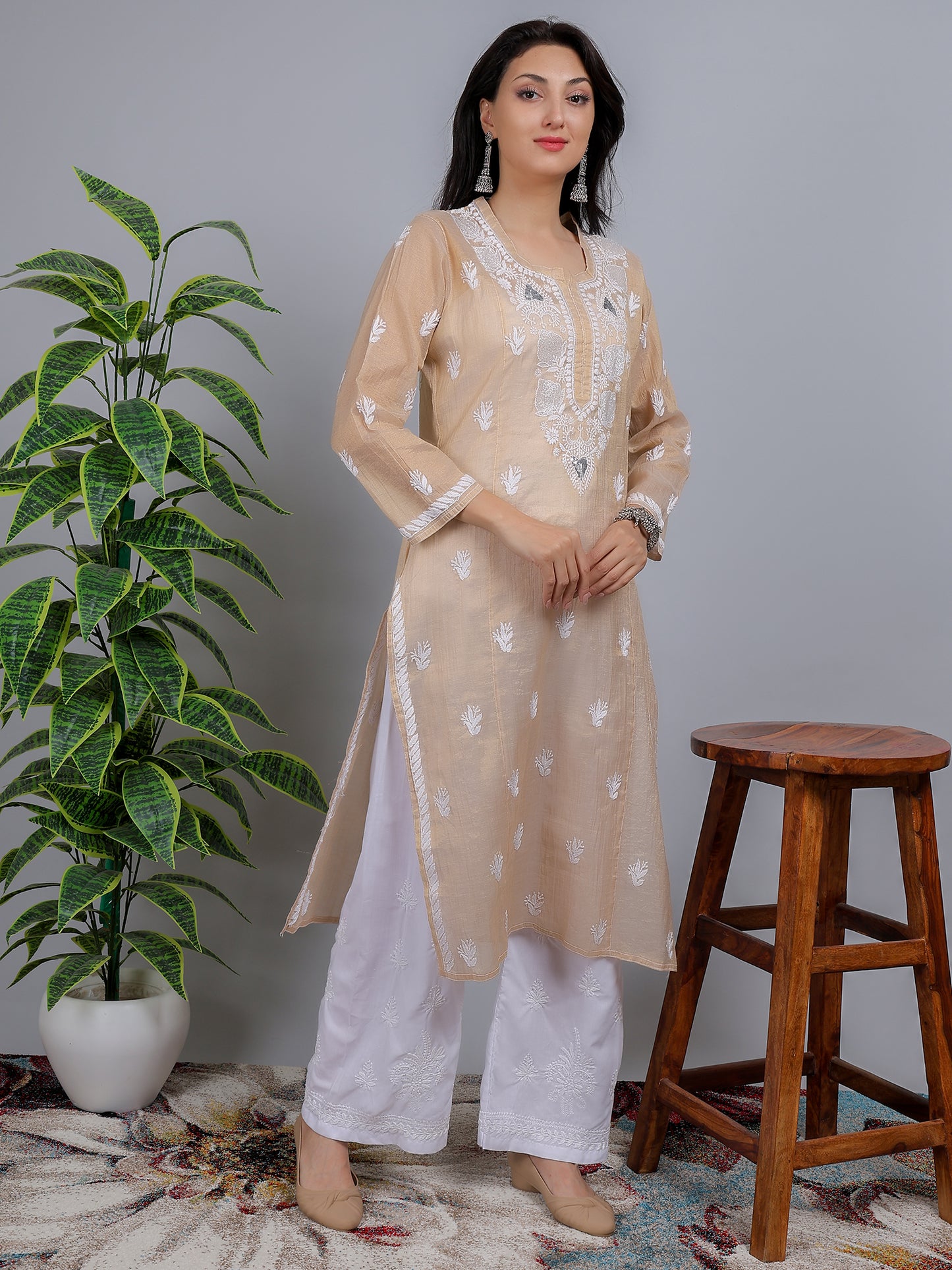 Chikankari Tissue Silk Cut Dana Work Kurti Dress Hand Embroidered-NS11