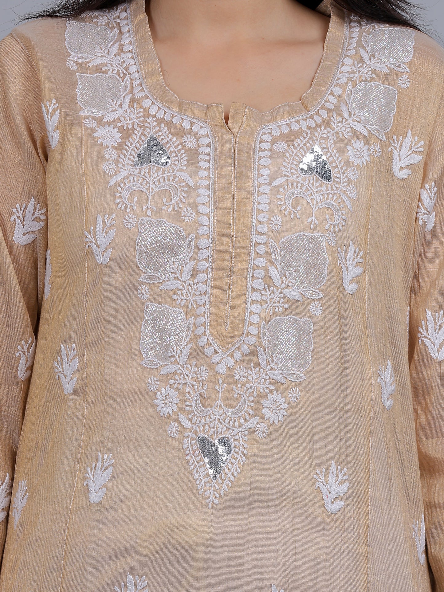 Chikankari Tissue Silk Cut Dana Work Kurti Dress Hand Embroidered-NS11