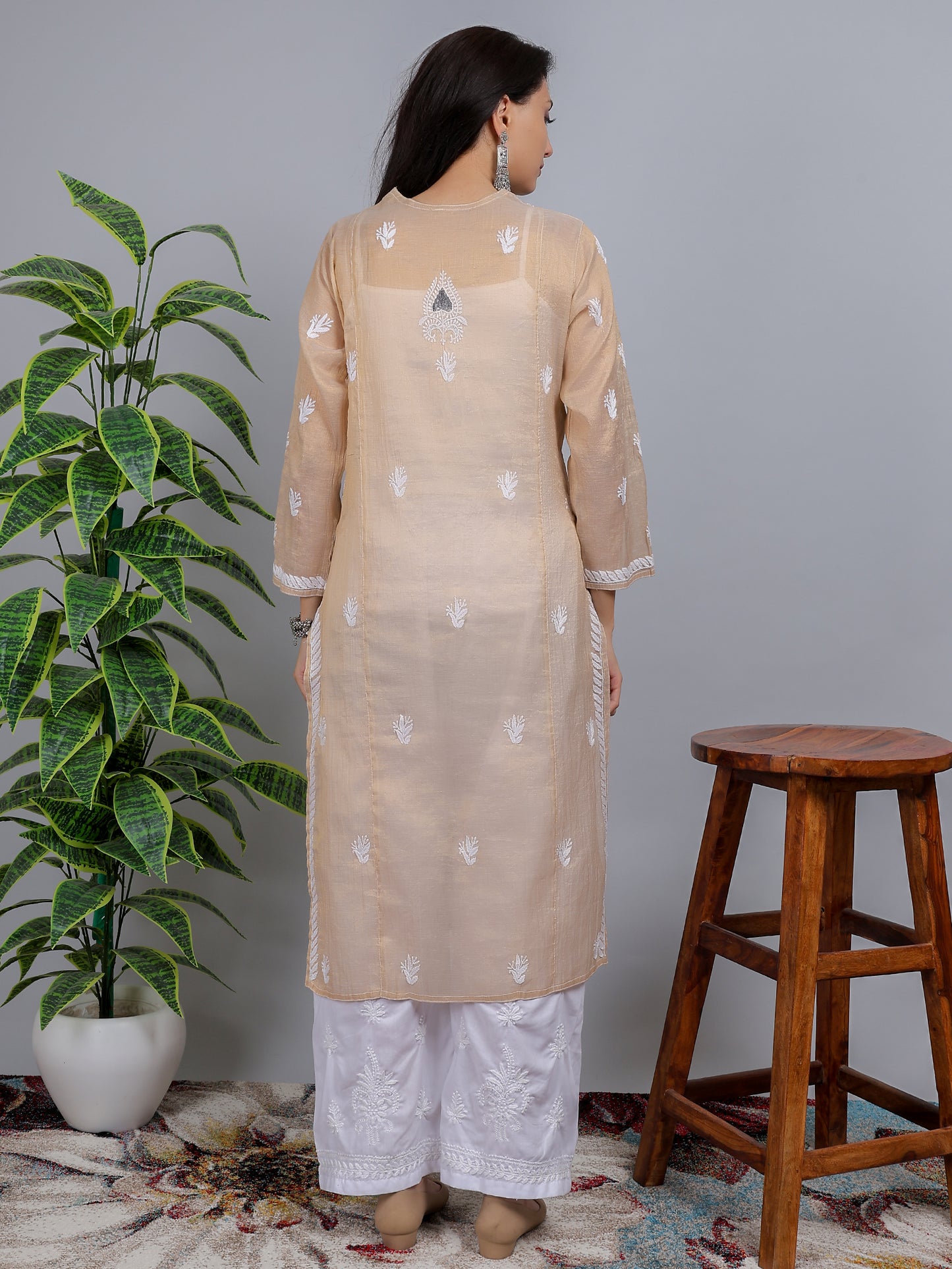 Chikankari Tissue Silk Cut Dana Work Kurti Dress Hand Embroidered-NS11