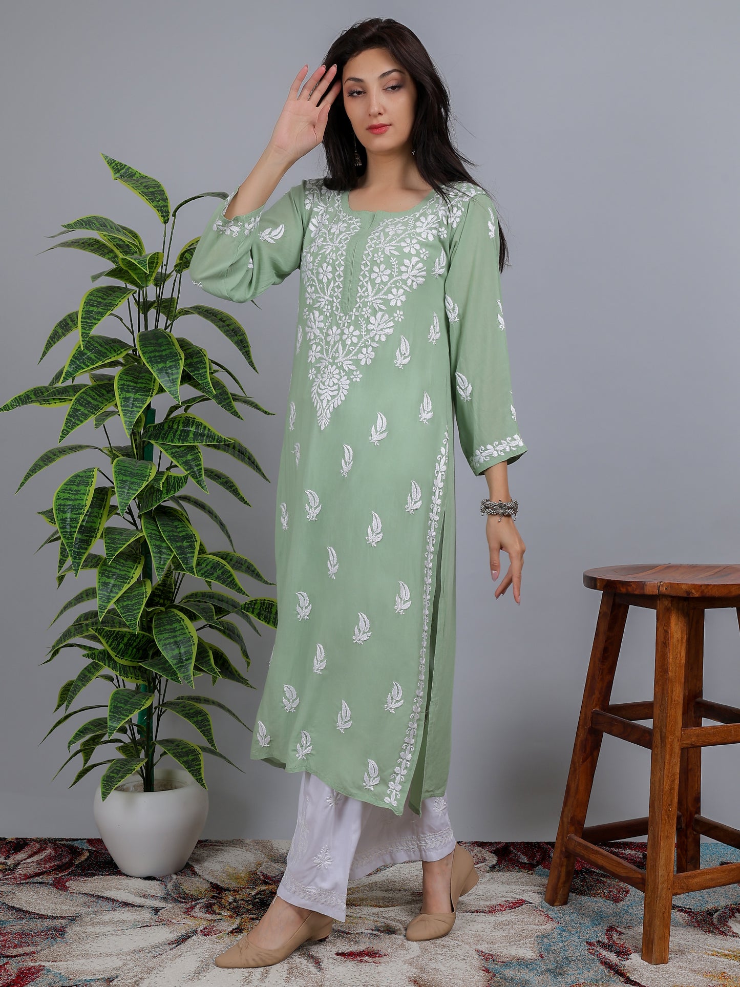 Chikankari Modal Long Kurti Top Hand Embroidered-NS12