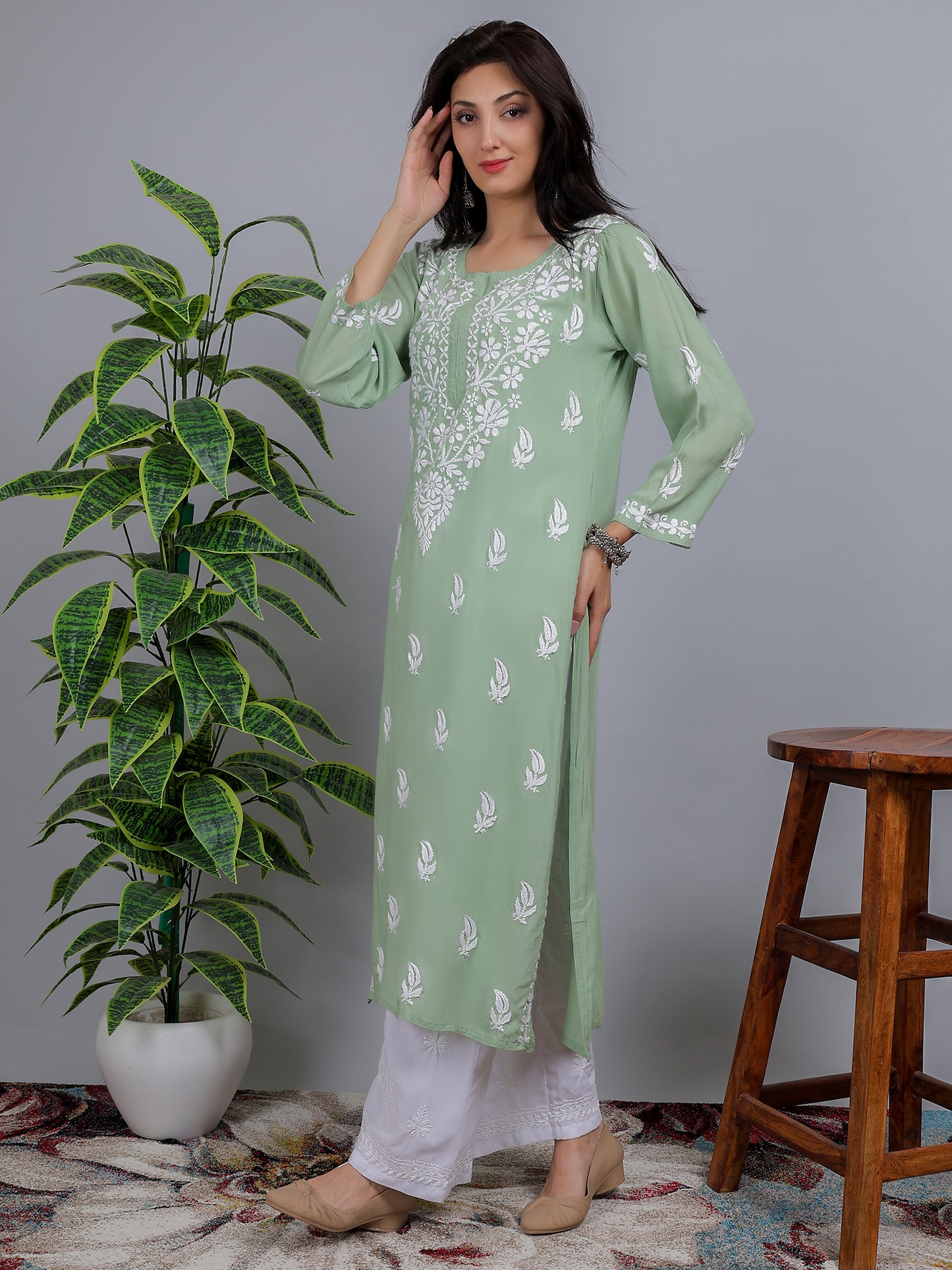 Chikankari Modal Long Kurti Top Hand Embroidered-NS12