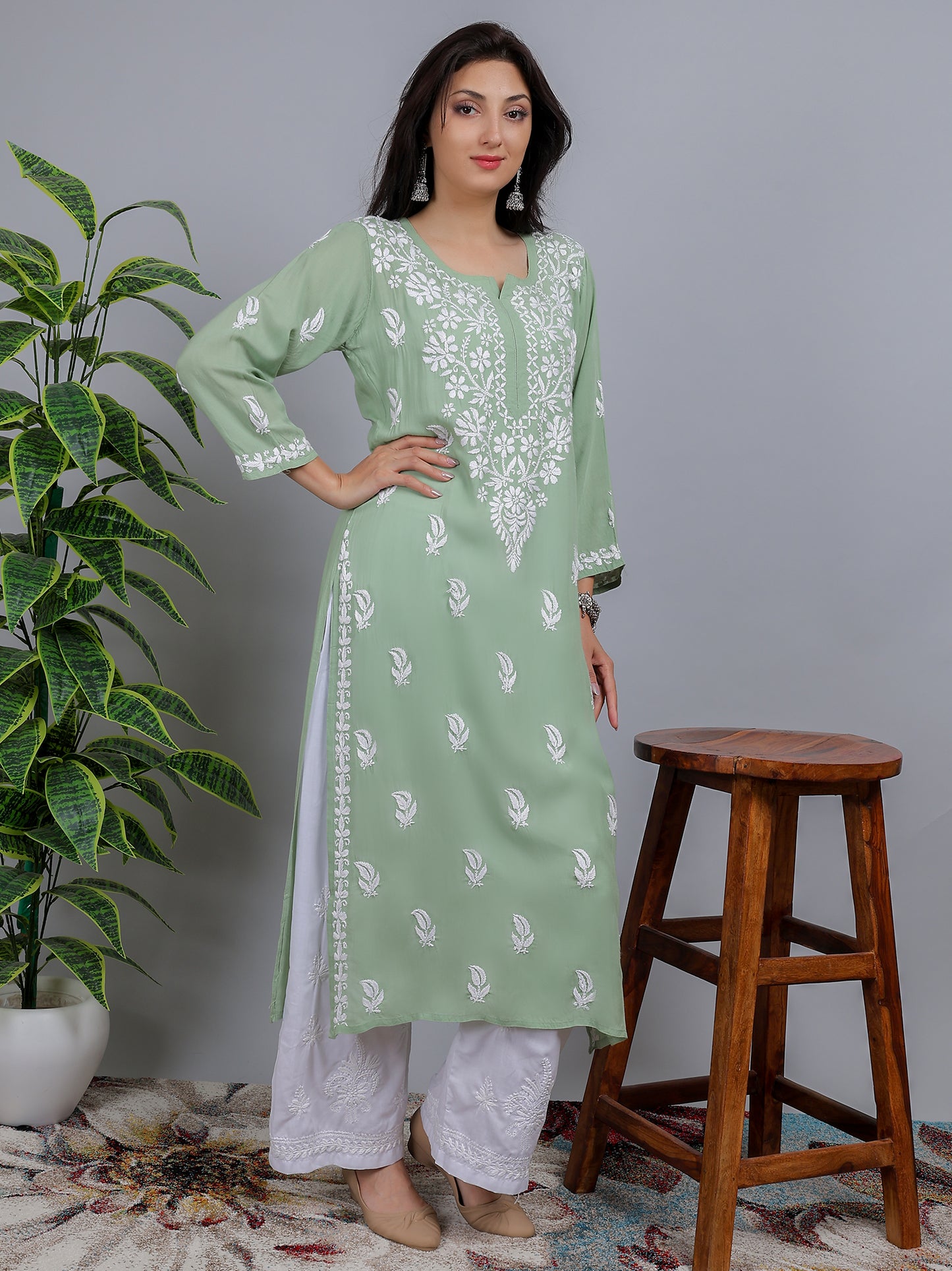 Chikankari Modal Long Kurti Top Hand Embroidered-NS12