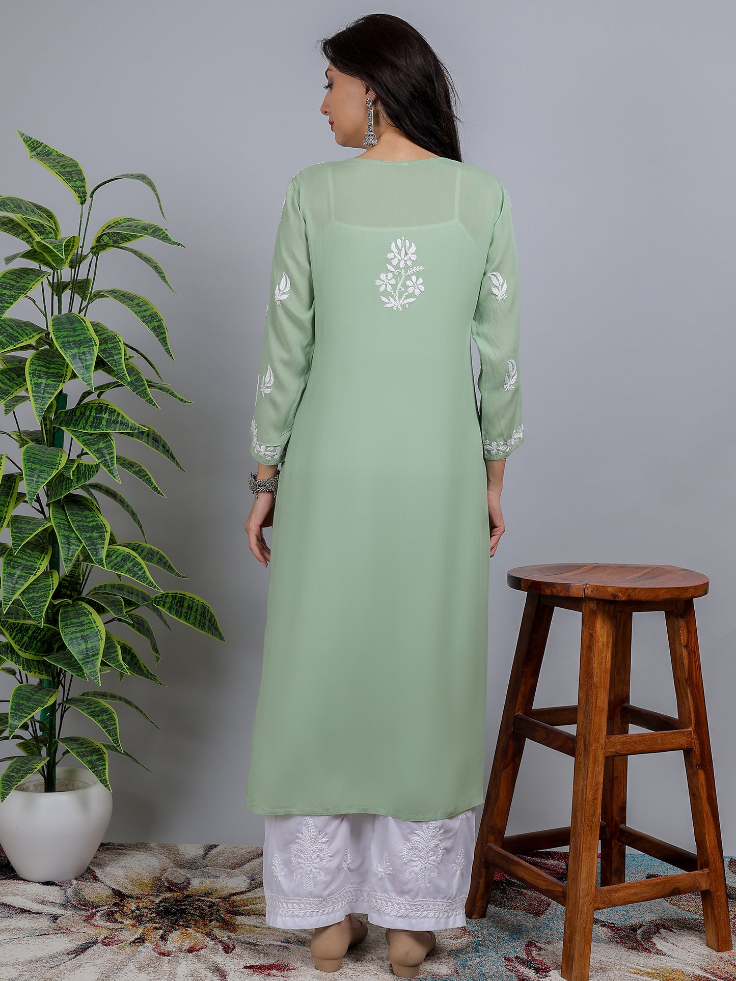 Chikankari Modal Long Kurti Top Hand Embroidered-NS12