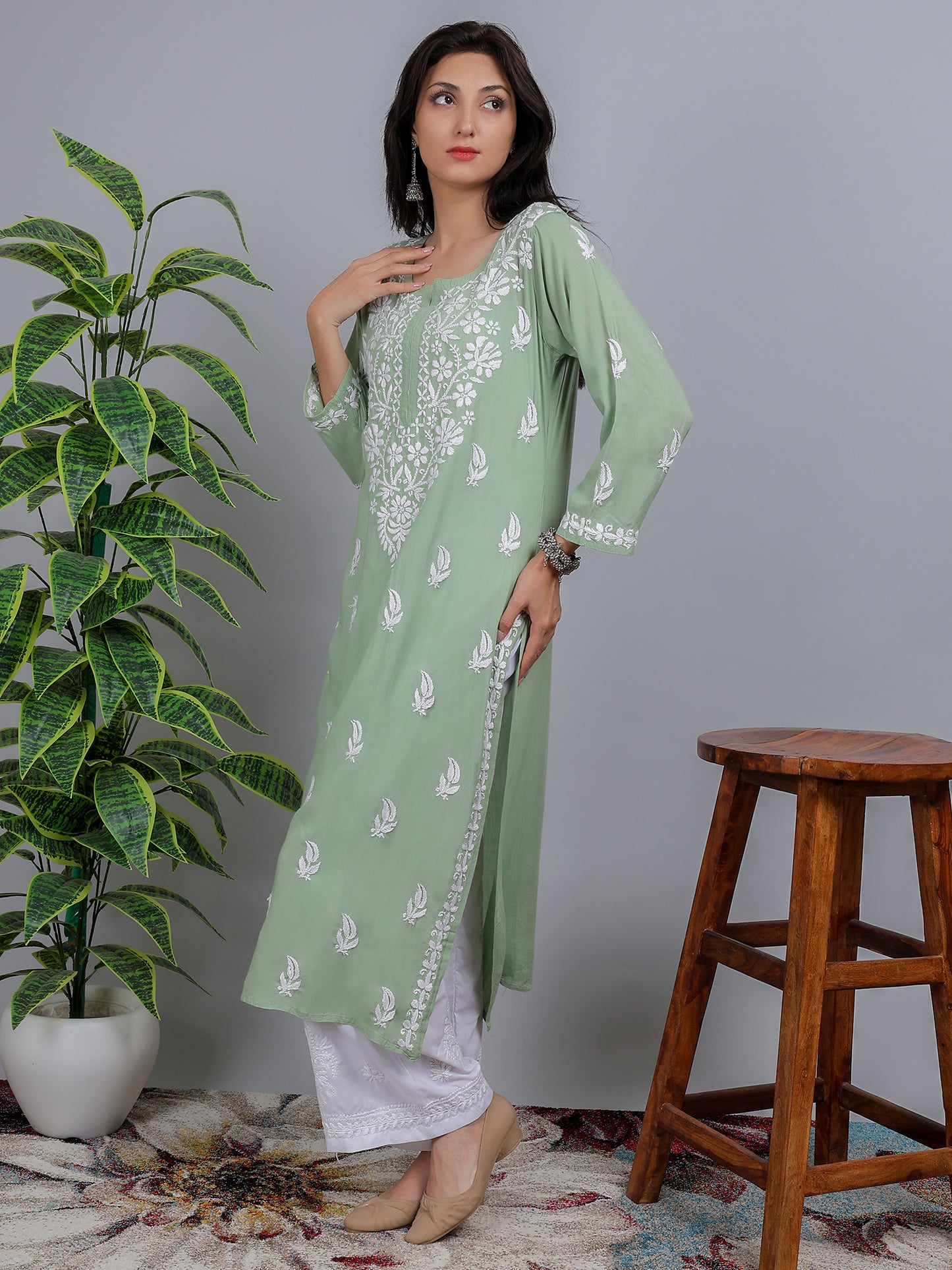 Chikankari Modal Long Kurti Top Hand Embroidered-NS12