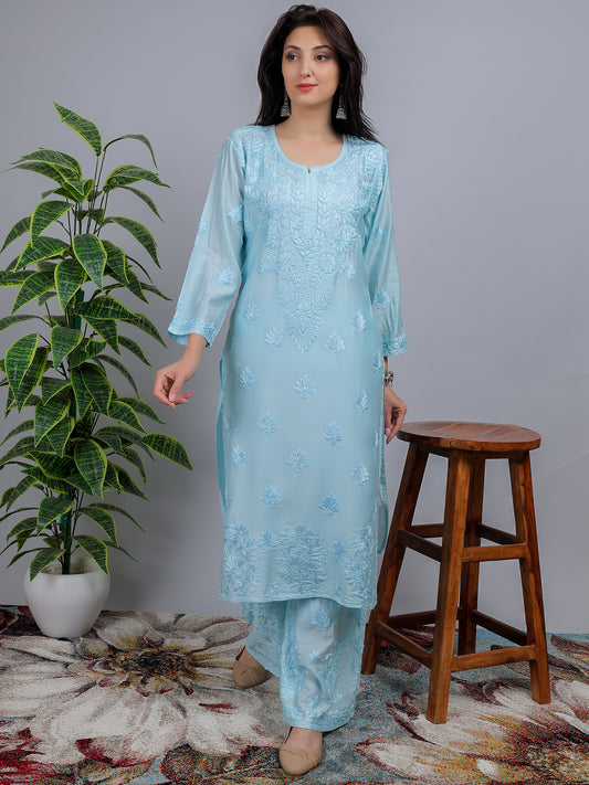 Chikankari Chanderi Silk Kurti Set with Bottom Hand Embroidered-NS13