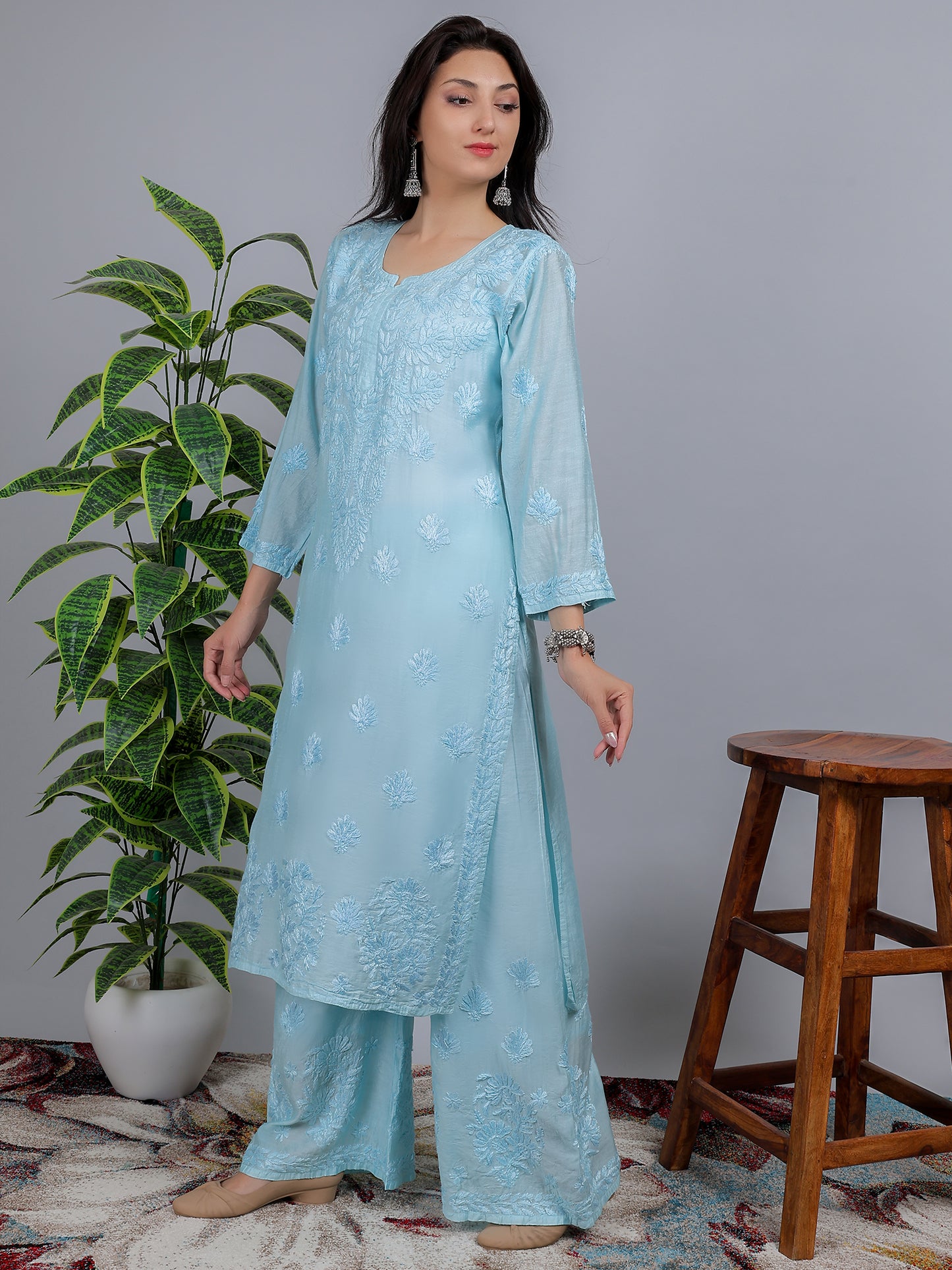 Chikankari Chanderi Silk Kurti Set with Bottom Hand Embroidered-NS13