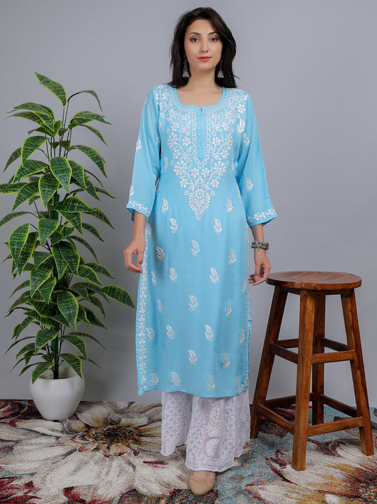 Chikankari Modal Long Kurti Top Hand Embroidered-NS14